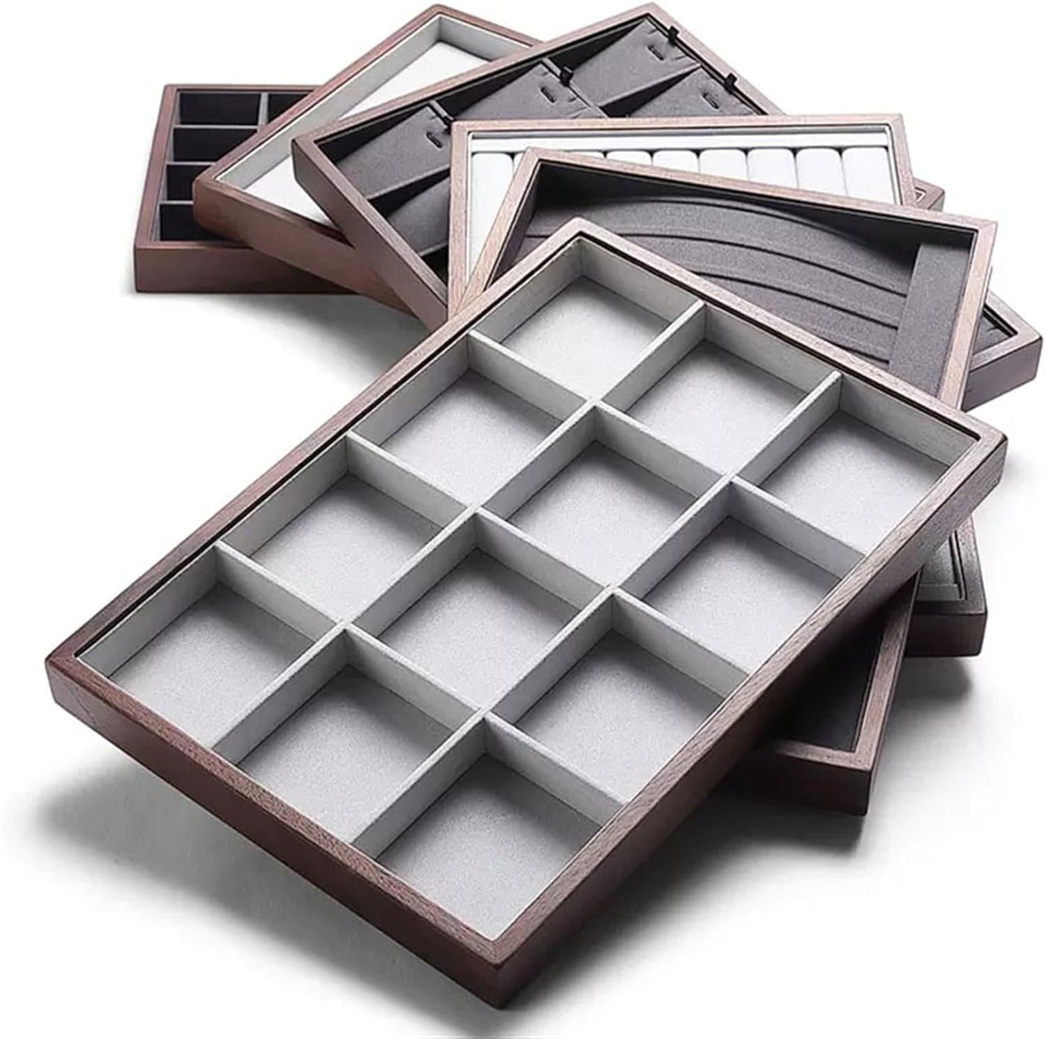 ジュエリー戸棚 ジュエリートレイ 12コンパートメント ベルベット裏地付き 積み重ね可能 ジュエリーオーガナイザートレイ リング イ