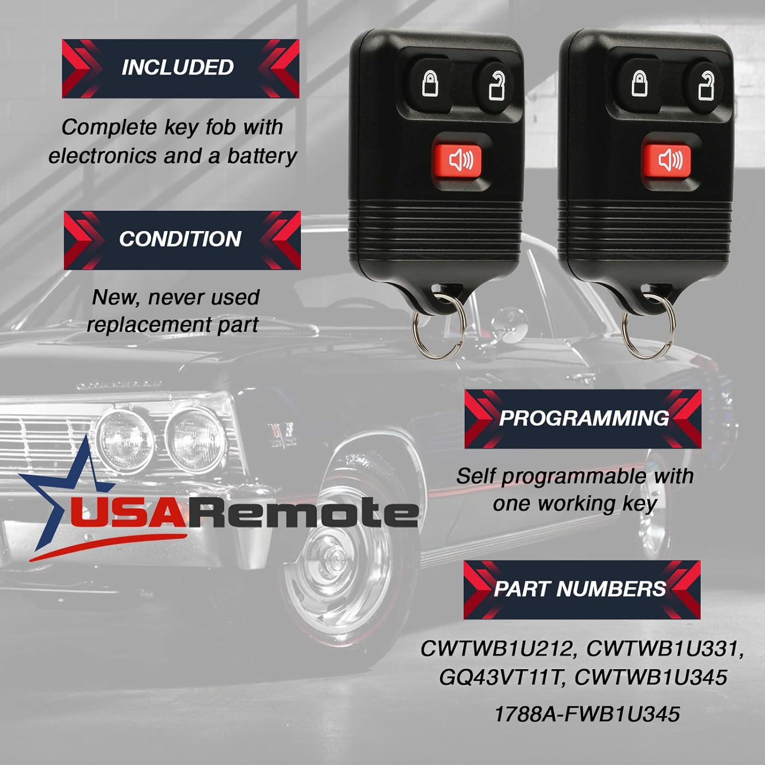 Car Key Fob Keyless Entry Remote fits Ford, Lincoln, Mercury, Mazda with Ignition Key (CWTWB1U331 GQ43VT11T CWTWB1U345 3-btn), Set of 2 - Image 3