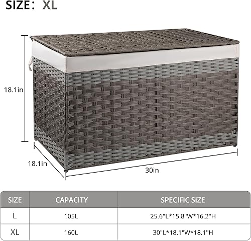 Vista 3 de OIAHOMY Cesta de almacenamiento con tapa, cesta de mantas de 42.3 galones (160L) con forro extraíble, cesta de mimbre sintético con asa, plegable