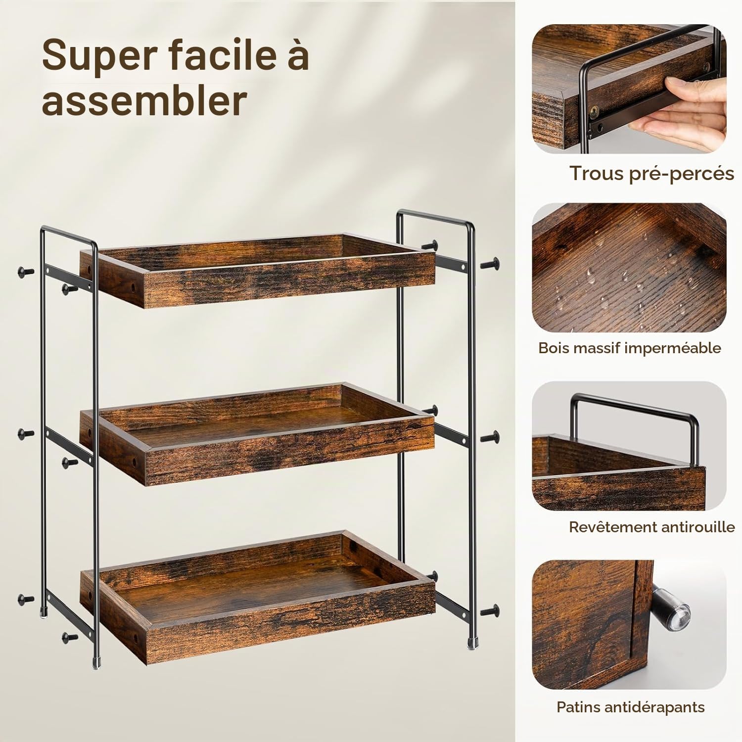 Étagère à épices amovible à 3 étages - Étagère de douche moderne - Plan de travail pratique en bois pour salle de bain - Organiseur de rangement multifonction - Étagère sous meuble - Étagère d'évier