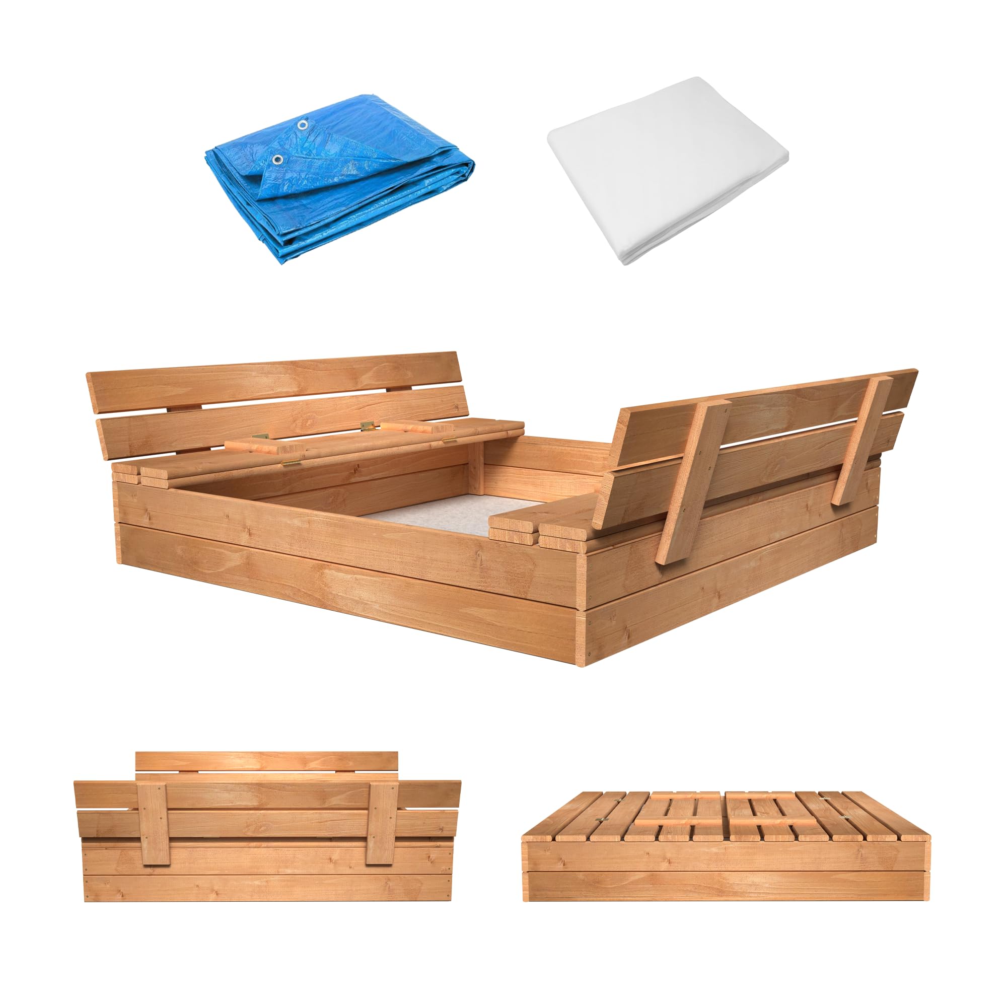 MAMOI Sandbox con coperchio 120 x 120 cm, cassetta di sabbia impregnata con panche in legno, copertura per panchine 150 x 150 cm