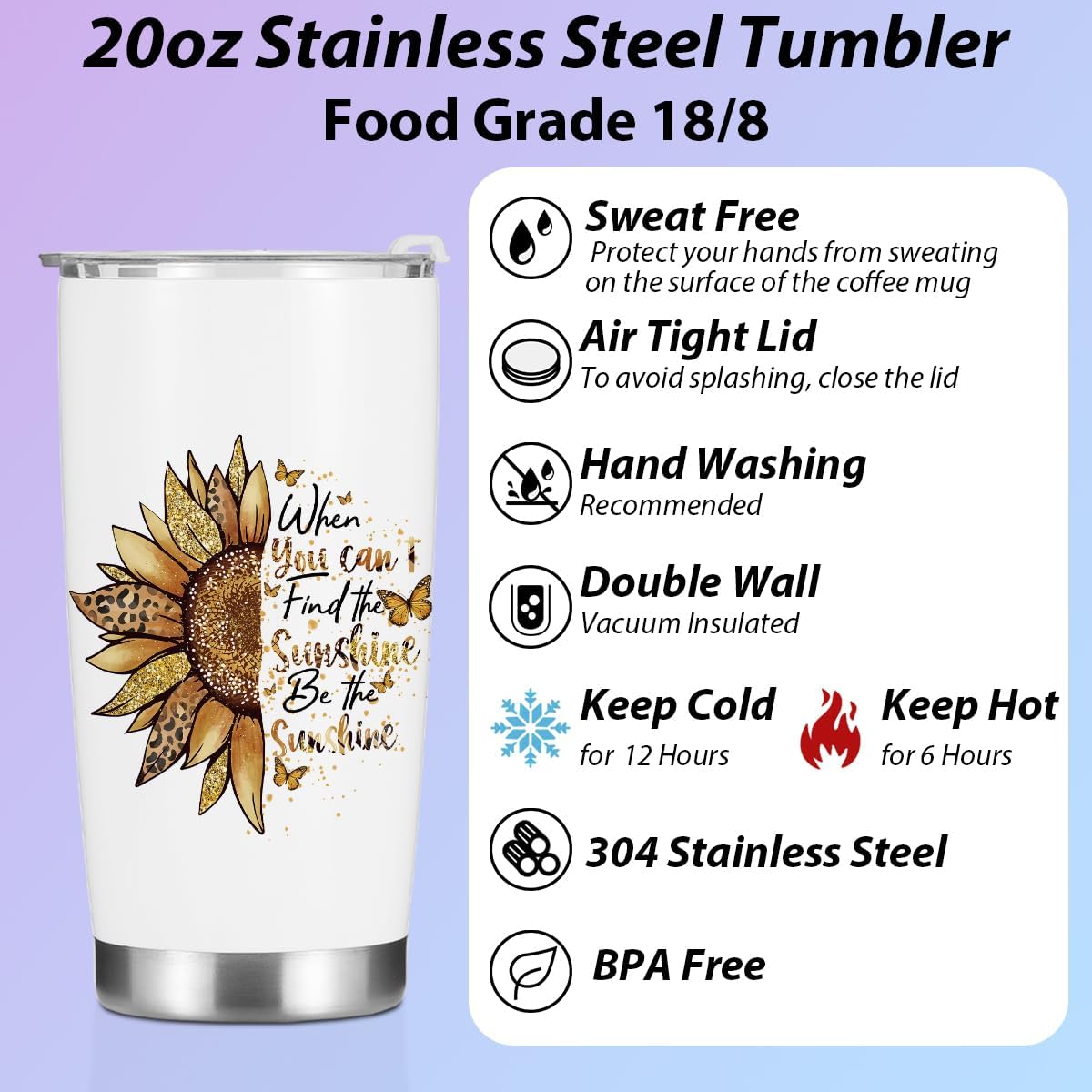 Sunflower Gifts for Women Tumbler, Positive Sunflower Stuff Accessories Birthday Christmas, Inspirational Sunshine Butterfly Coffee Mug Stainless Steel Vacuum Insulated Double Wall Travel Cup 20oz - Image 3