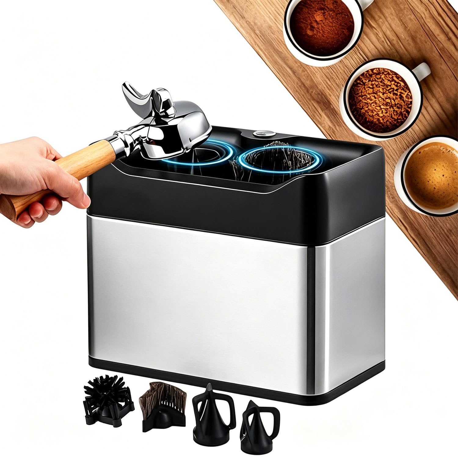 Electric Automatic Portafilter Cleaner for 58mm Single & Double Cup Silver