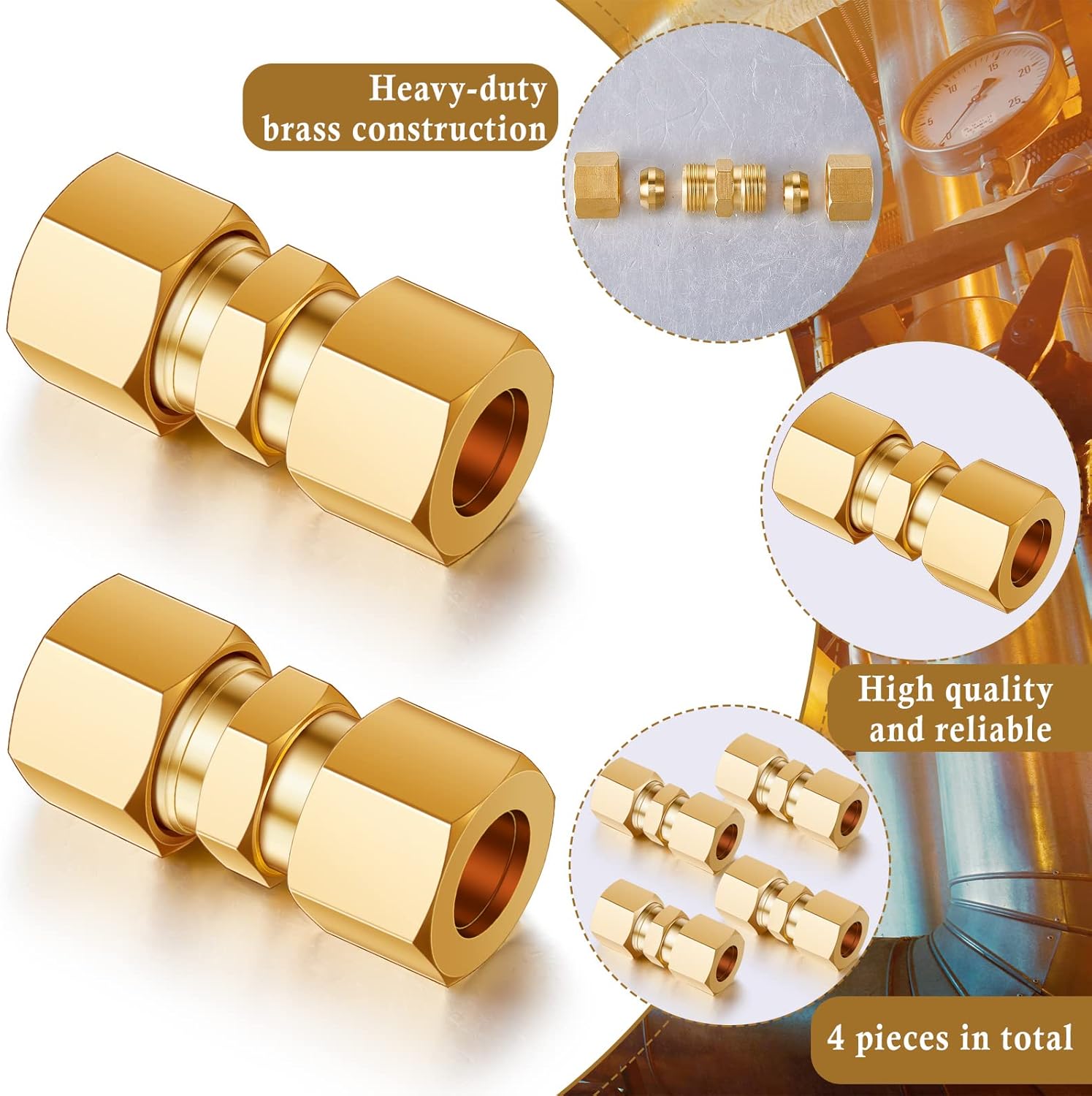 4 Pcs 3/8'' OD Compression Union Brass Compression Tube Fitting 3/8'' OD Tube Connector Use with Copper, Aluminum, Plastic Tubing, Watertight Seal Waterlines or Air Pneumatic