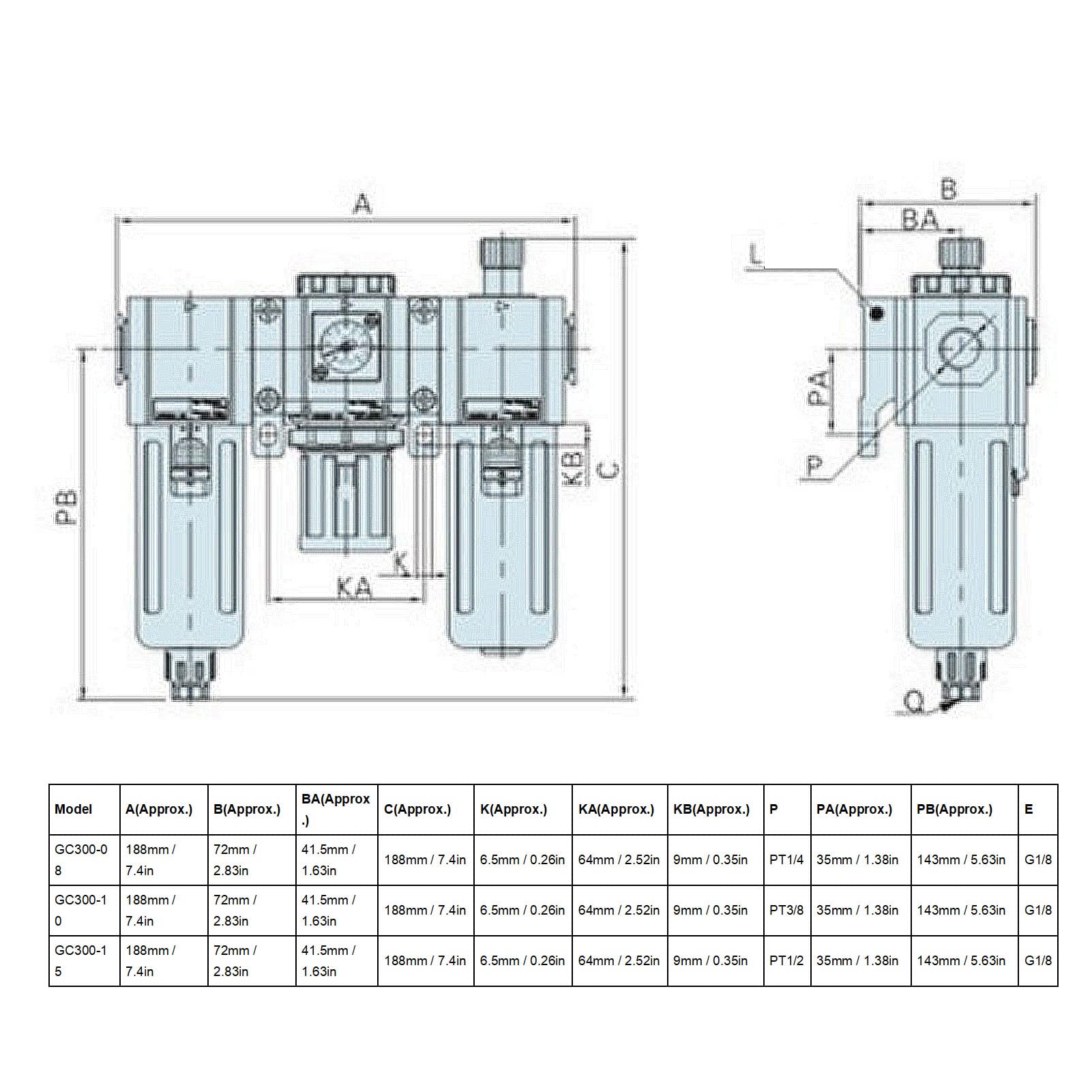Lubrificatore regolatore filtro compressore d'aria, separatore olio acqua (GC300-08)