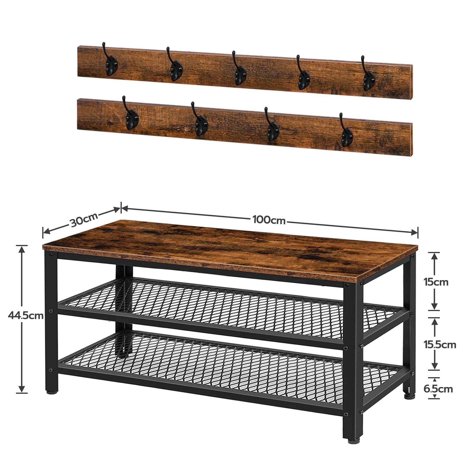 HOOBRO Garderobe Schuhregal Set, 100cm Garderobenständer mit Sitzbank, Schuhbank mit Sitzfläche, 9 Haken, Industriestil, Metallrahmen, für Flur, Eingangsbereich, Dunkelbraun-Schwarz EBF171MT01
