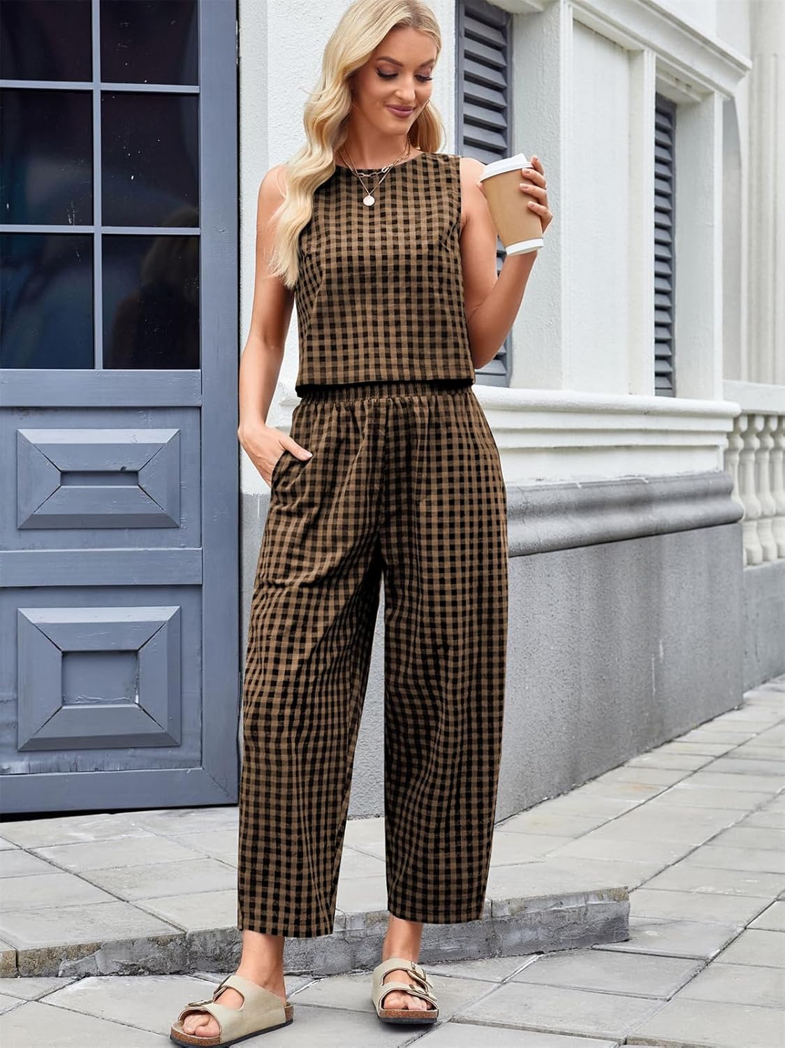 SotRong Gingham Summer Two Pieces Outfit Women Relaxed Boxy Fit Plaid Checked Pattern Lei… thumbnail 2