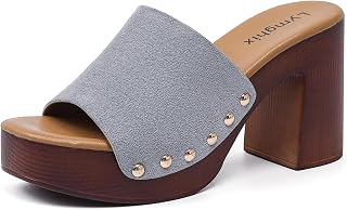 Lymghix Suede Rivet Platform Block Heel Slide Sandals for Women