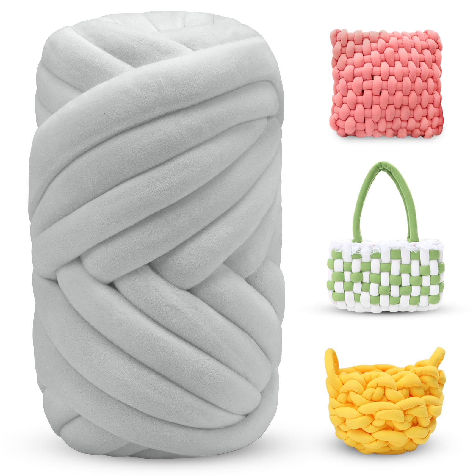 LEREATI Thick Chunky Yarn for Arm Knitting Jumbo Tube Soft Chunky Knit Blanket Velvet Yarn for Crocheting Handbags Hand Knitting Pet Bed Rugs Pillows Crafts (250g, Silver Gray)