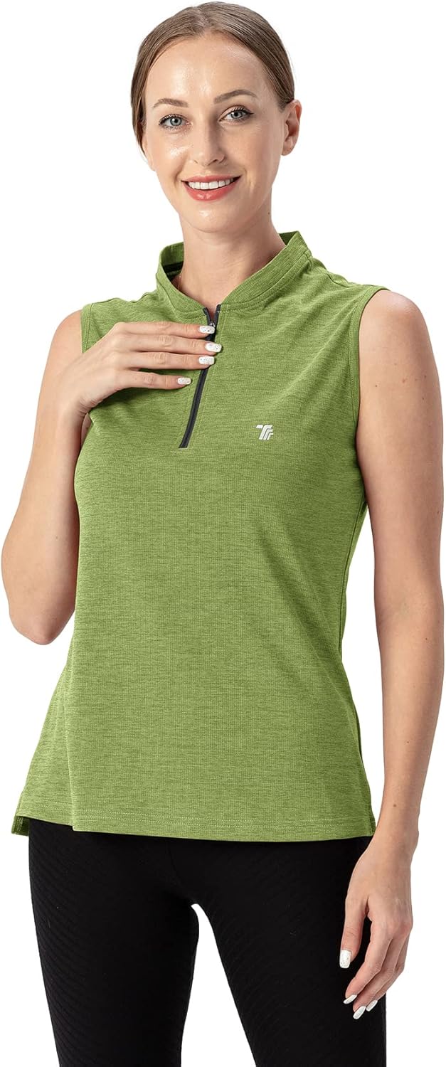 YSENTO Women's Golf Apparel Shirts Clothes Outfits Sleeveless 1/4 Zip Collarless Dry Fit UPF 50+ Tennis Polo Tank Tops
