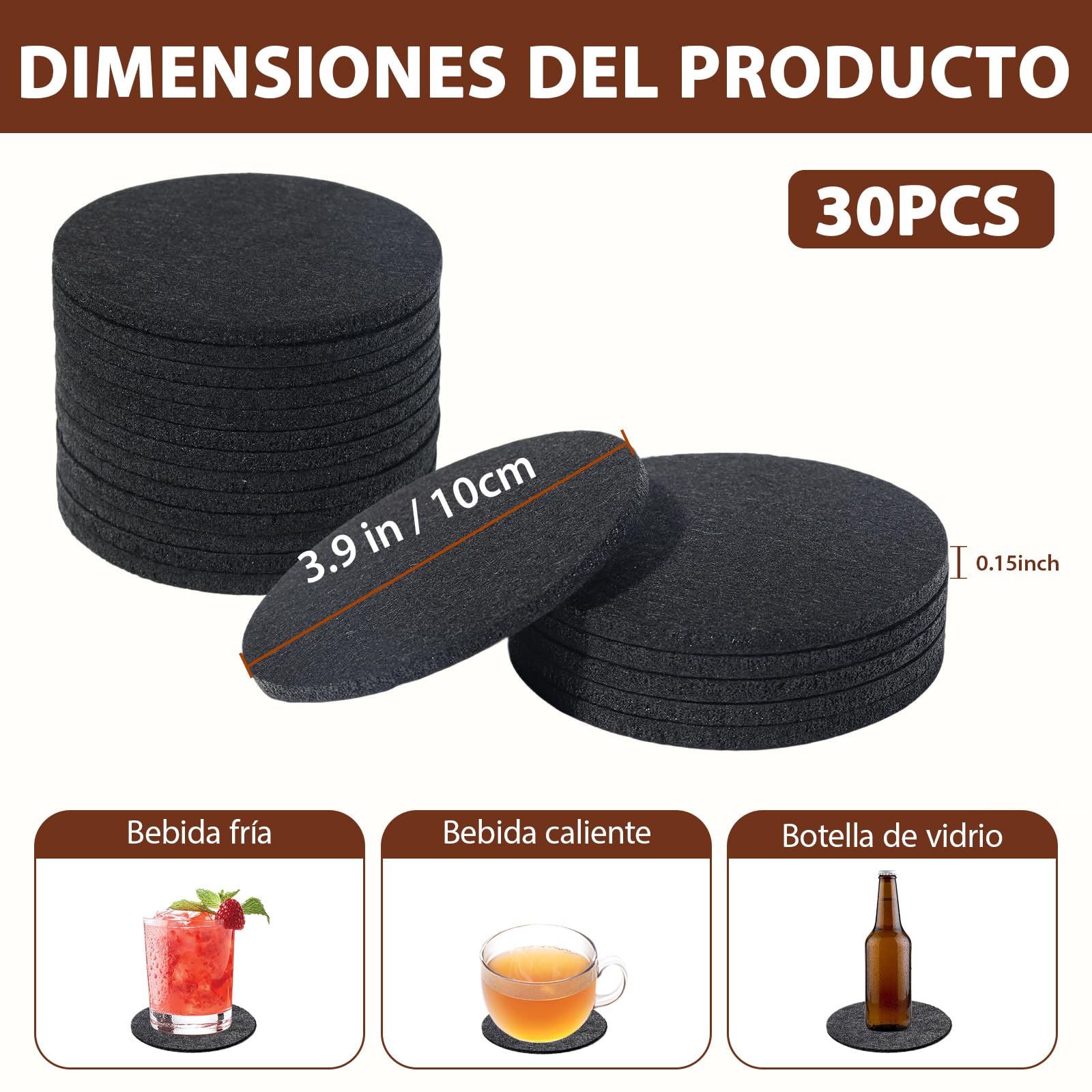 Posavasos de fieltro redondos negros antideslizantes resistentes al calor lavables 30 piezas