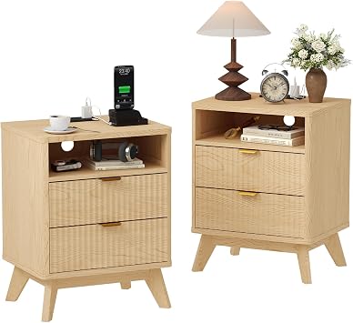 Modern Fluted Nightstand Set of 2 with USB Charging Station & Outlets, Wood Bedside Table with 2 Drawers and Open Shelf, End Table for Bedroom, Living Room, Apartment