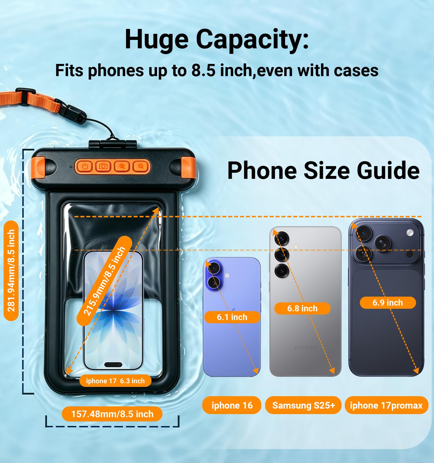 Custodia universale impermeabile IP68 con maniglia per otturatore, fotografia subacquea senza lag, per snorkeling e immersioni, adatta a telefoni da 8,5 pollici (iPhone 17 Pro Max, Galaxy S26