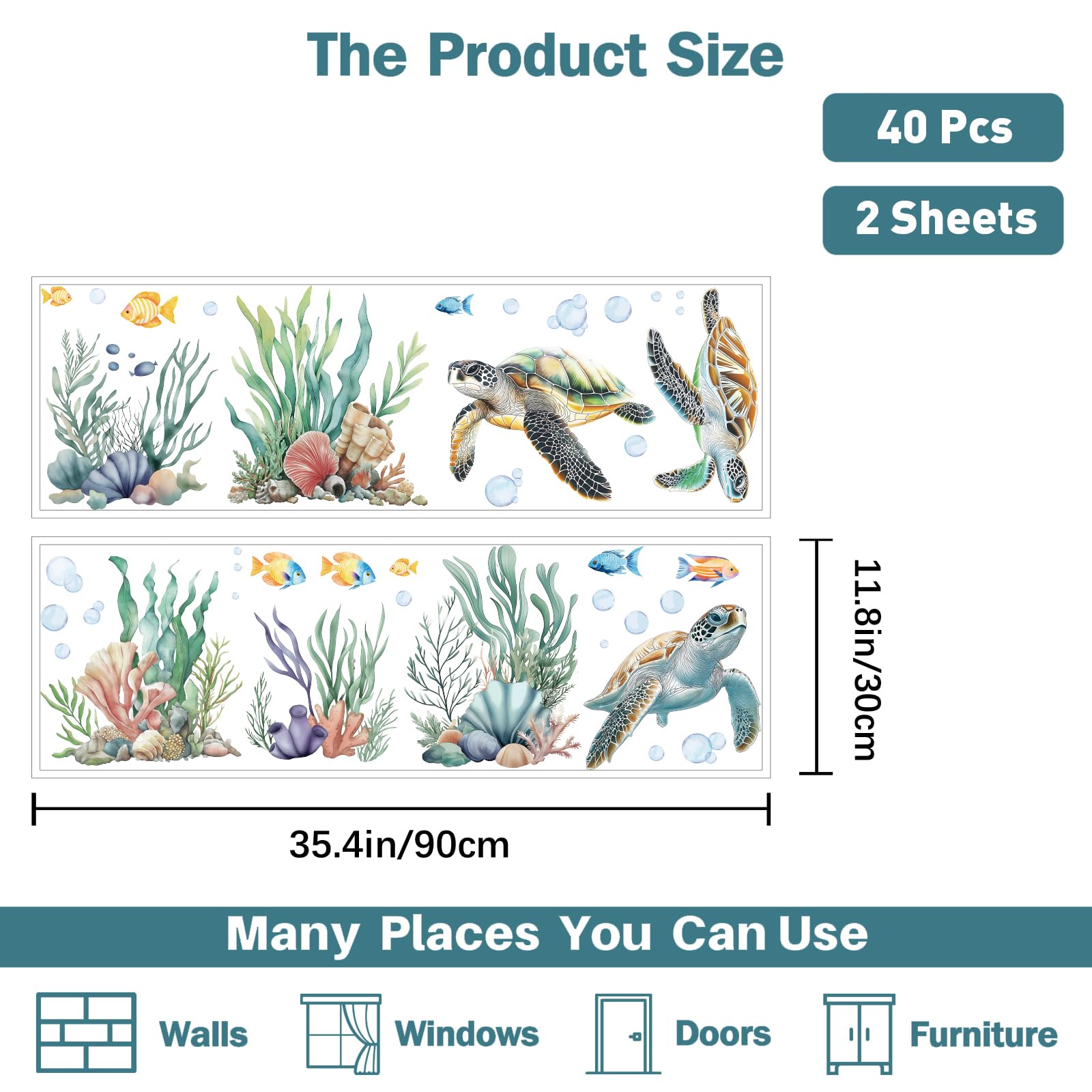PLIGREAT 3 Sheets Watercolor Turtles Wall Stickers Seagrass Sea World Removable Vinyl Wall Decals for Kids Bedroom Reading Room Nursery Living Room Wall DIY Decorative Stickers - Image 3