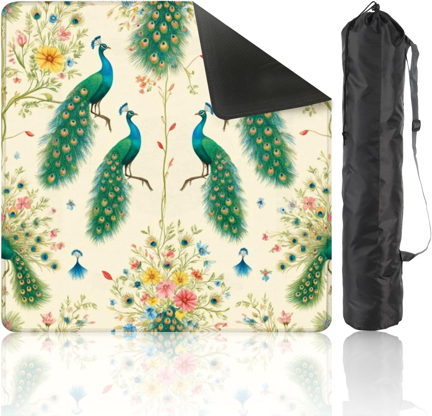 Chinoiserie Mahjong Mat with Carrying Bag 31.5" x 31.5" Elegant Floral Vibrant Colors Non-Slip Noise Reduction Table Mat for Mahjong Poker Dominoes Card Games