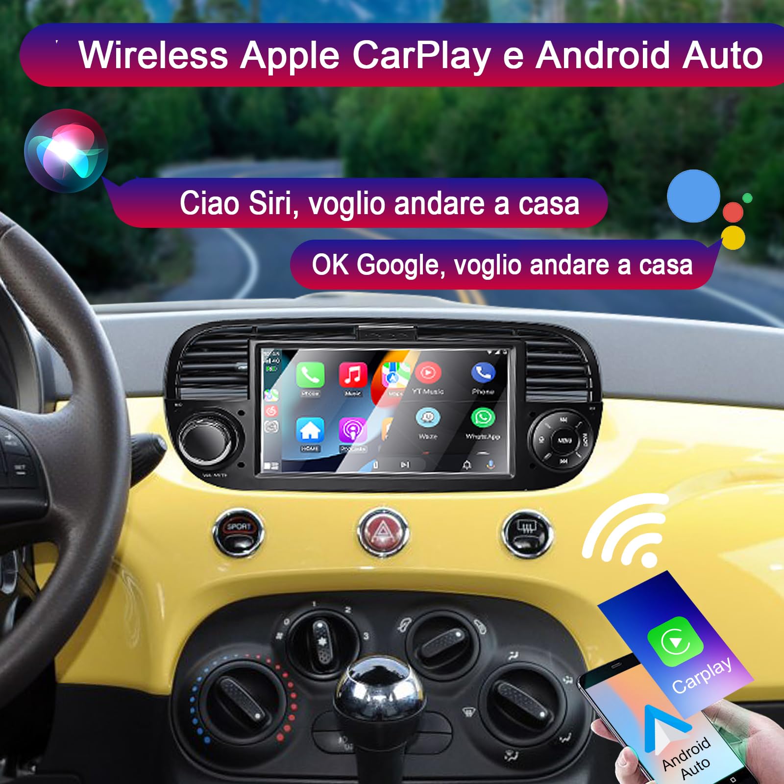 Liulbobu Autoradio per Fiat 500 2007-2015 compatibile con Carplay/Android Auto, Autoradio Fiat 500 da 7 pollici con touchscreen/Bluetooth/FM/AM/USB/DPS/RDS/Mirror Link-Nero