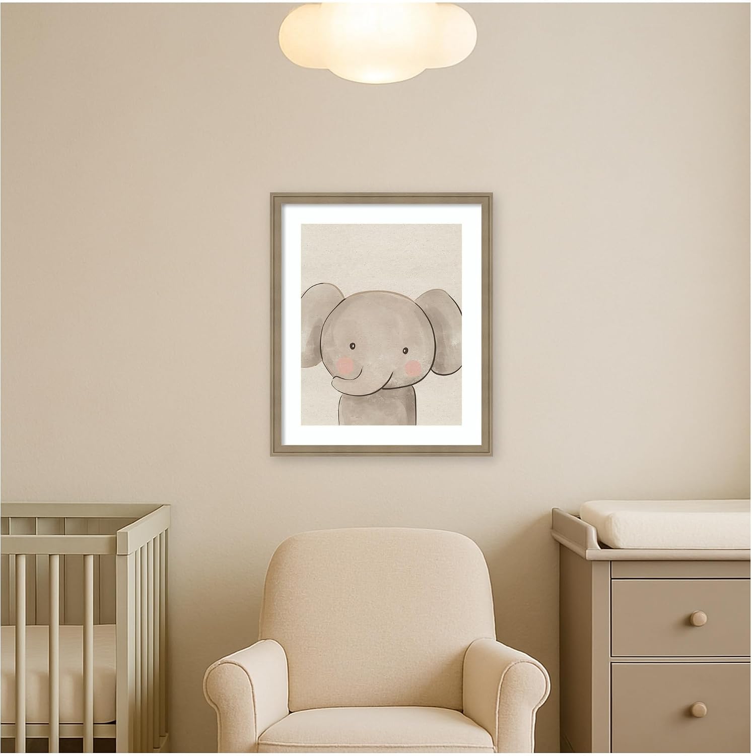 Kate and Laurel Framed Wall Art Print Baby Animal Elephant Natural by The Creative Bunch Studio, 22 x 26, Florence Light Brown Frame, Whimsical, Kid Art for Wall Decor
