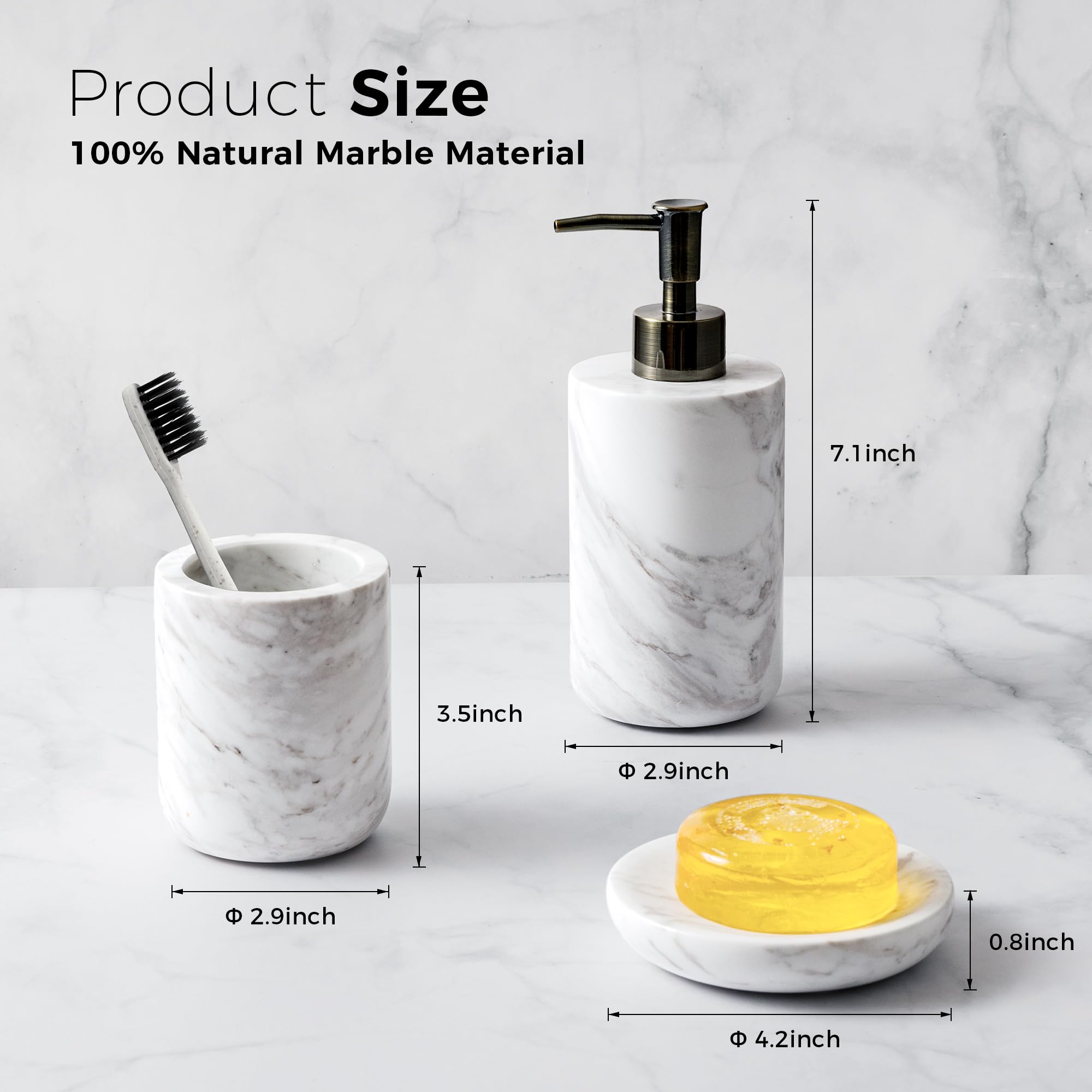 WORHE Bathroom Accessories Set made of Italian Natural Marble, 3-Piece Bath Accessories with Toothbrush Cup, Soap Dispenser - Image 2