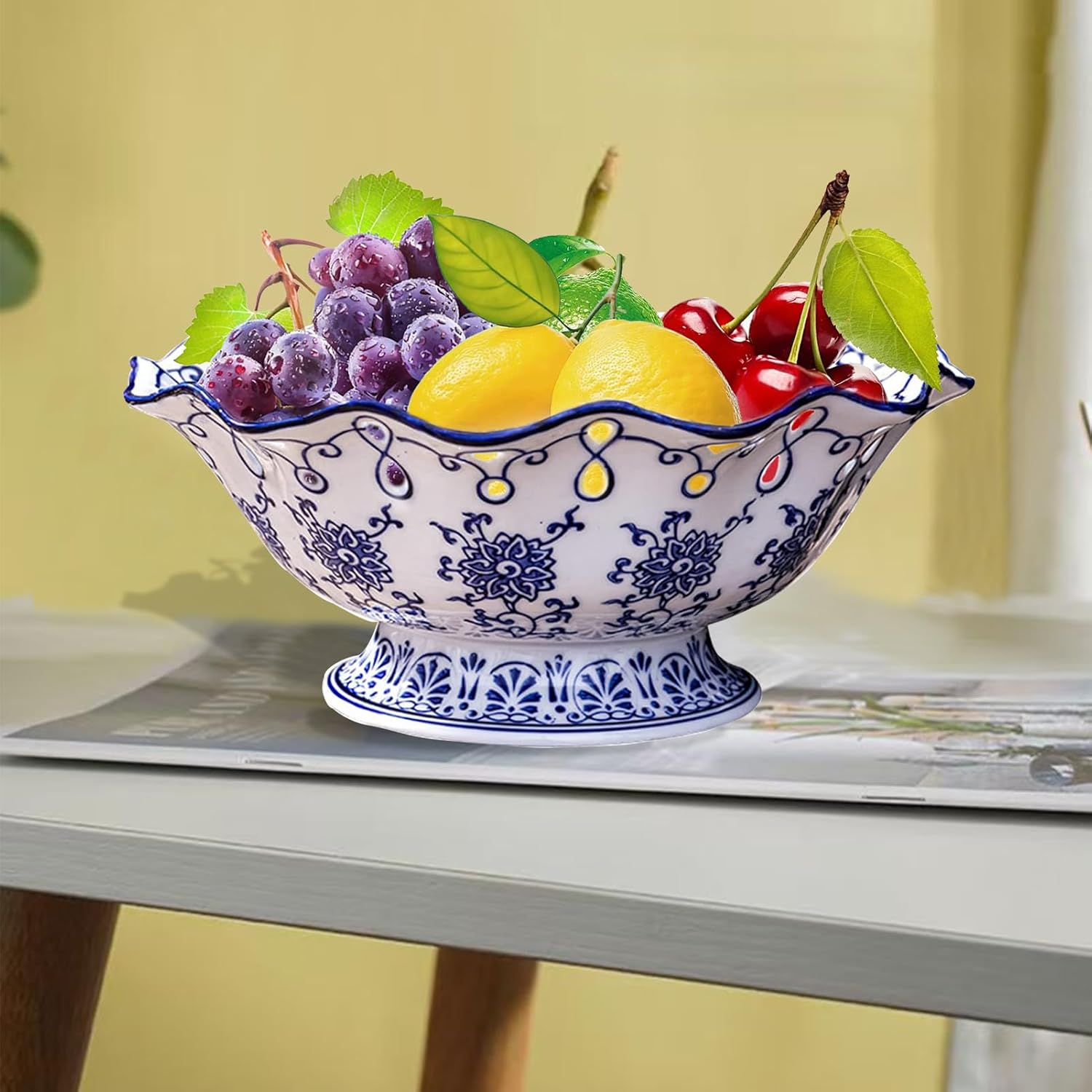 Fruit Bowl Ceramic Fruit Serving Plate Blue and White Chinoiserie Decor Bowl with Foot for Living Dining Room (9.5in)