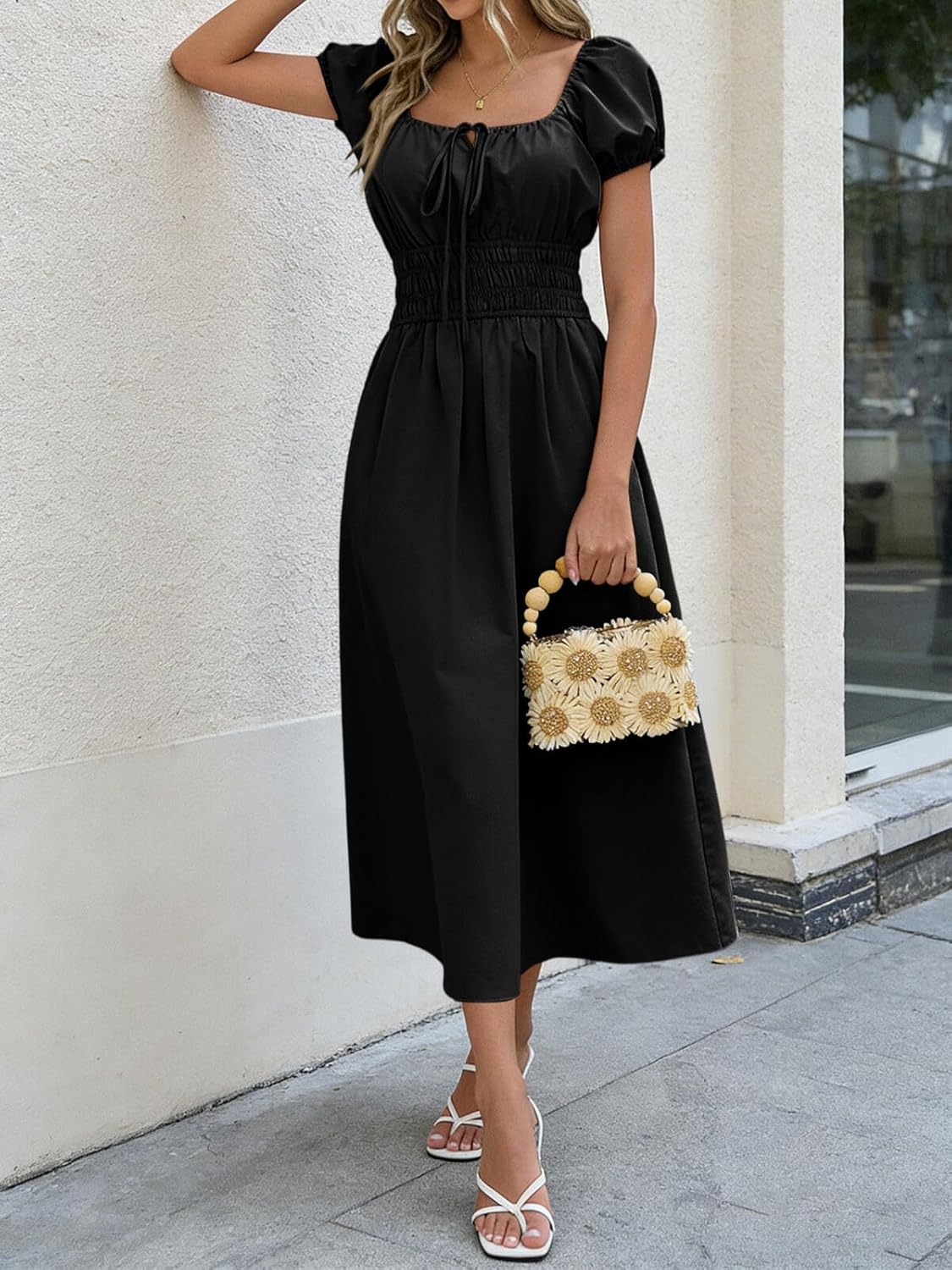 Yousify Women's Summer Dresses 2026 Short Puff Sleeve Midi Dress Casual Scoop Neck A Line Sundress with Pockets
