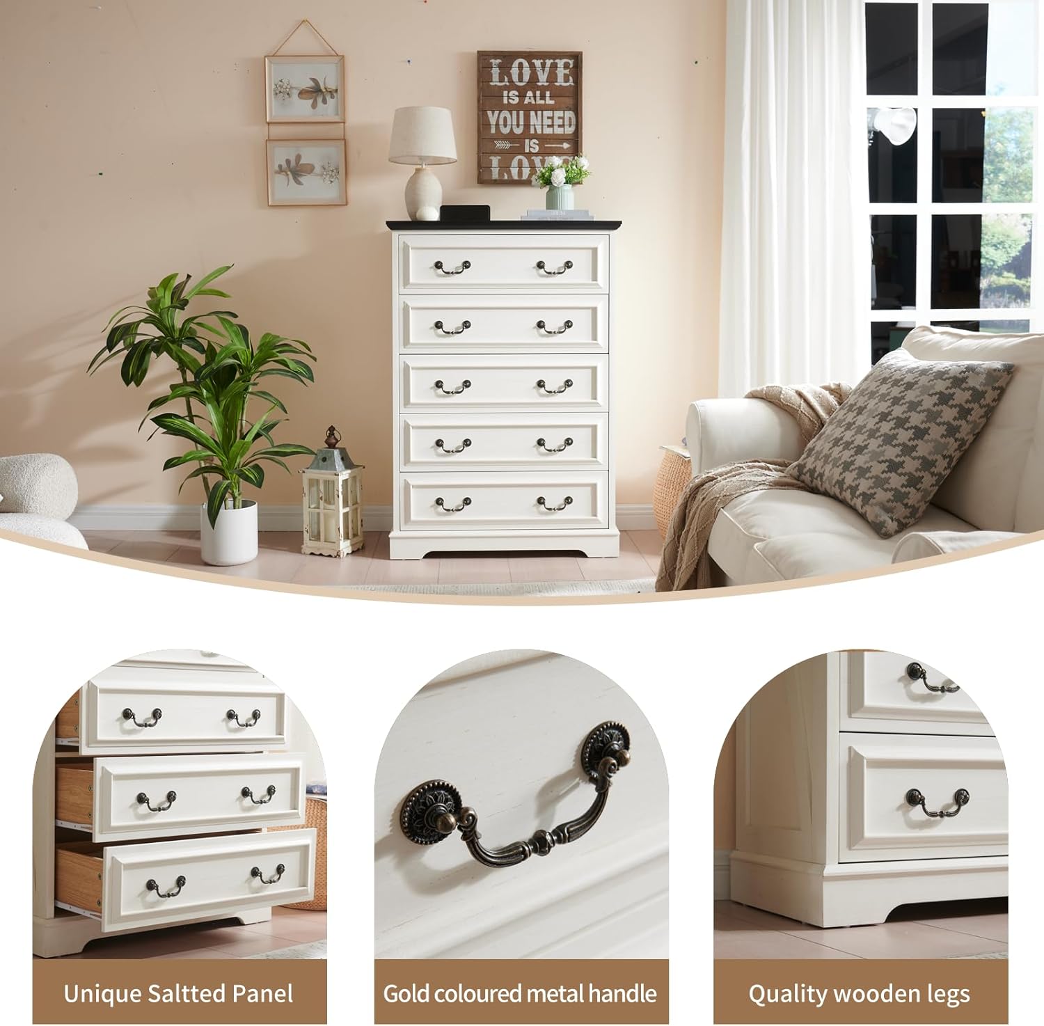 Farmhouse 5 Drawers Dresser for Bedroom, 46" Tall Modern Chest of Drawers with Metal Handle, Rustic Dresser TV Stand, Wood Drawer Organizer for Bedroom, Living Room, Hallway (White) - Image 6