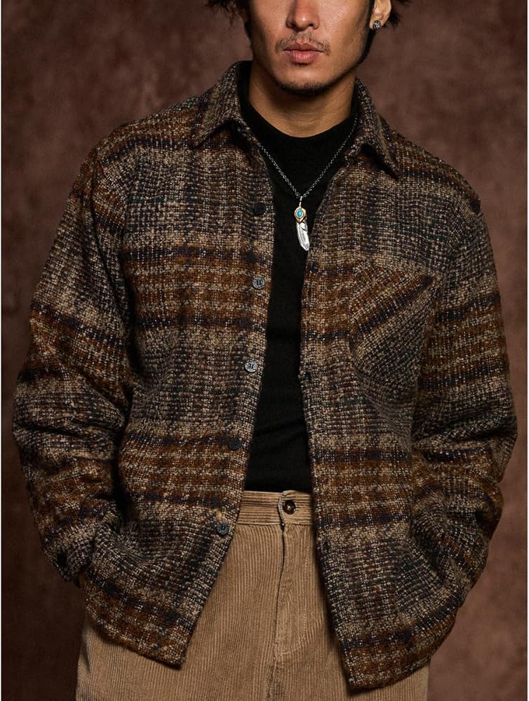 Amazon.co.jp: [karaku] 2種類チェック柄選べる 起毛感ツイードシャツ