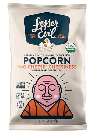 LesserEvil "No Cheese" Cheesiness Organic Popcorn, No Artificial Ingredients, Coconut Oil, Pack of 12, 5 oz Bags