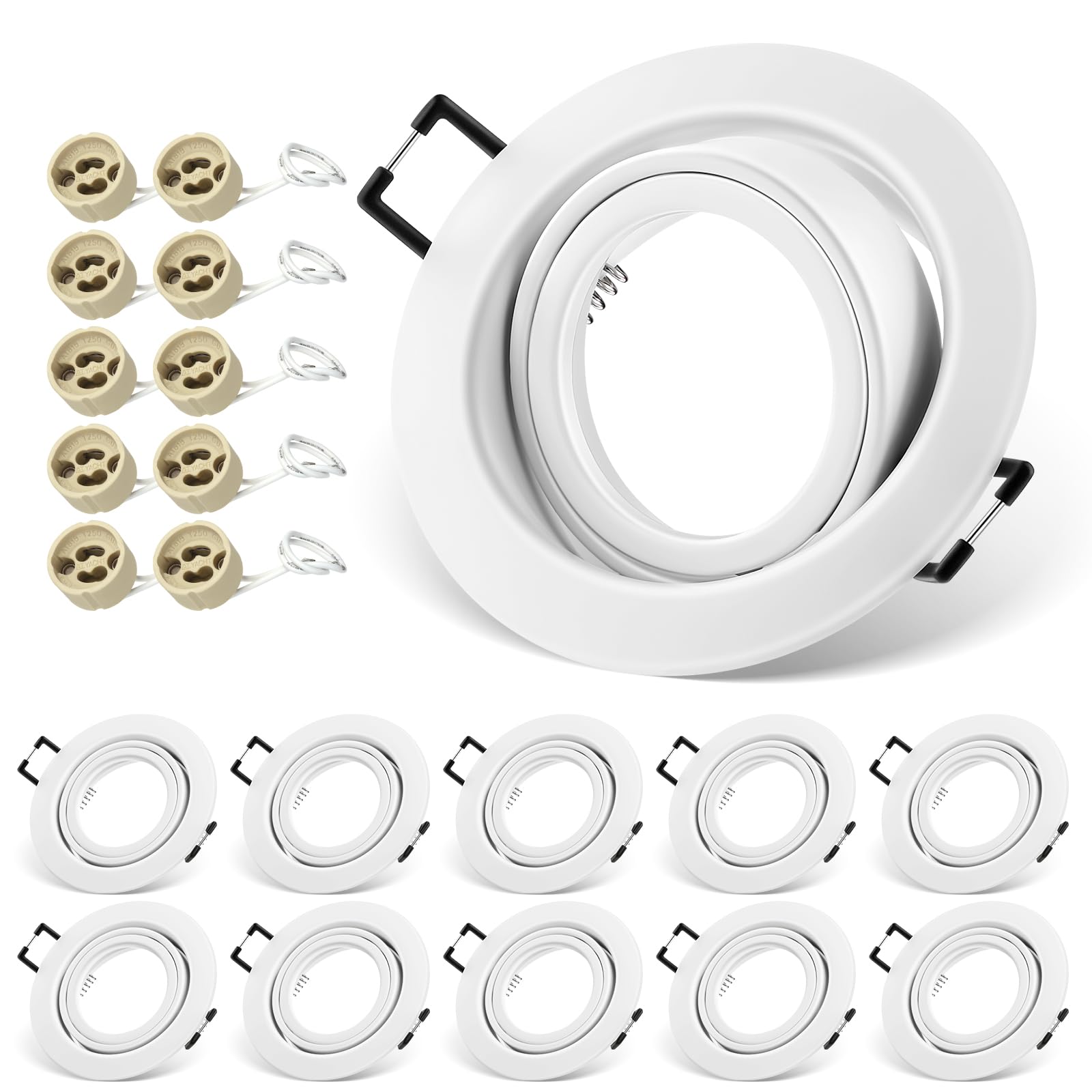 Einbaustrahler GU10 Set, 10x Schwenkbar Einbaurahmen 68mm mit GU10 Fassung, LED Spots 230V Rund Flach Deckenspots, Einbauspots Einbauleuchten Rahmen Gebürstetes Nickel für LED oder Halogen Lampe