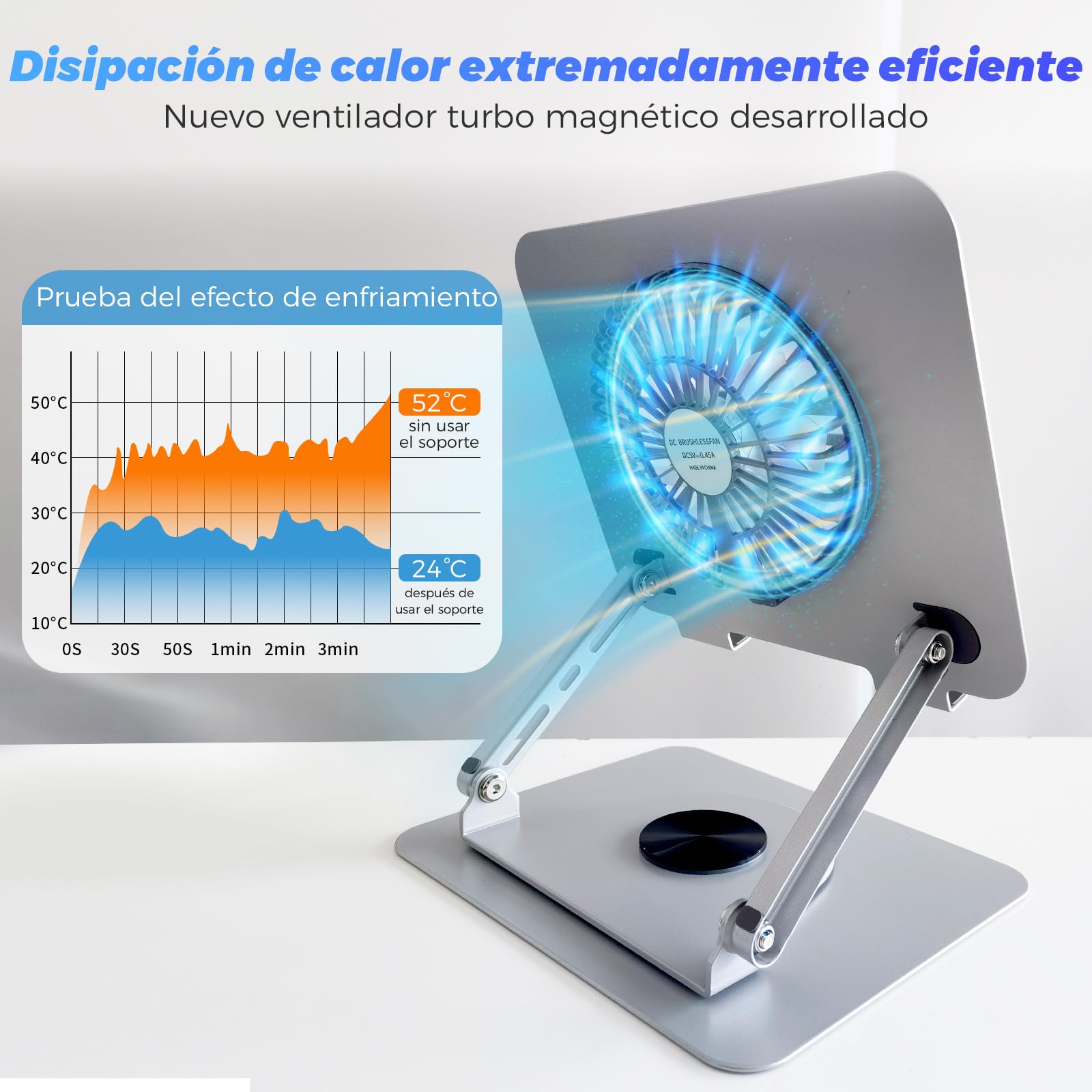 Soporte para ordenador portátil de aluminio, giratorio 360°, plegable, con ventilador magnético para refrigeración, compatible con MacBook y dispositivos de 10 a 17,3 pulgadas (gris claro)