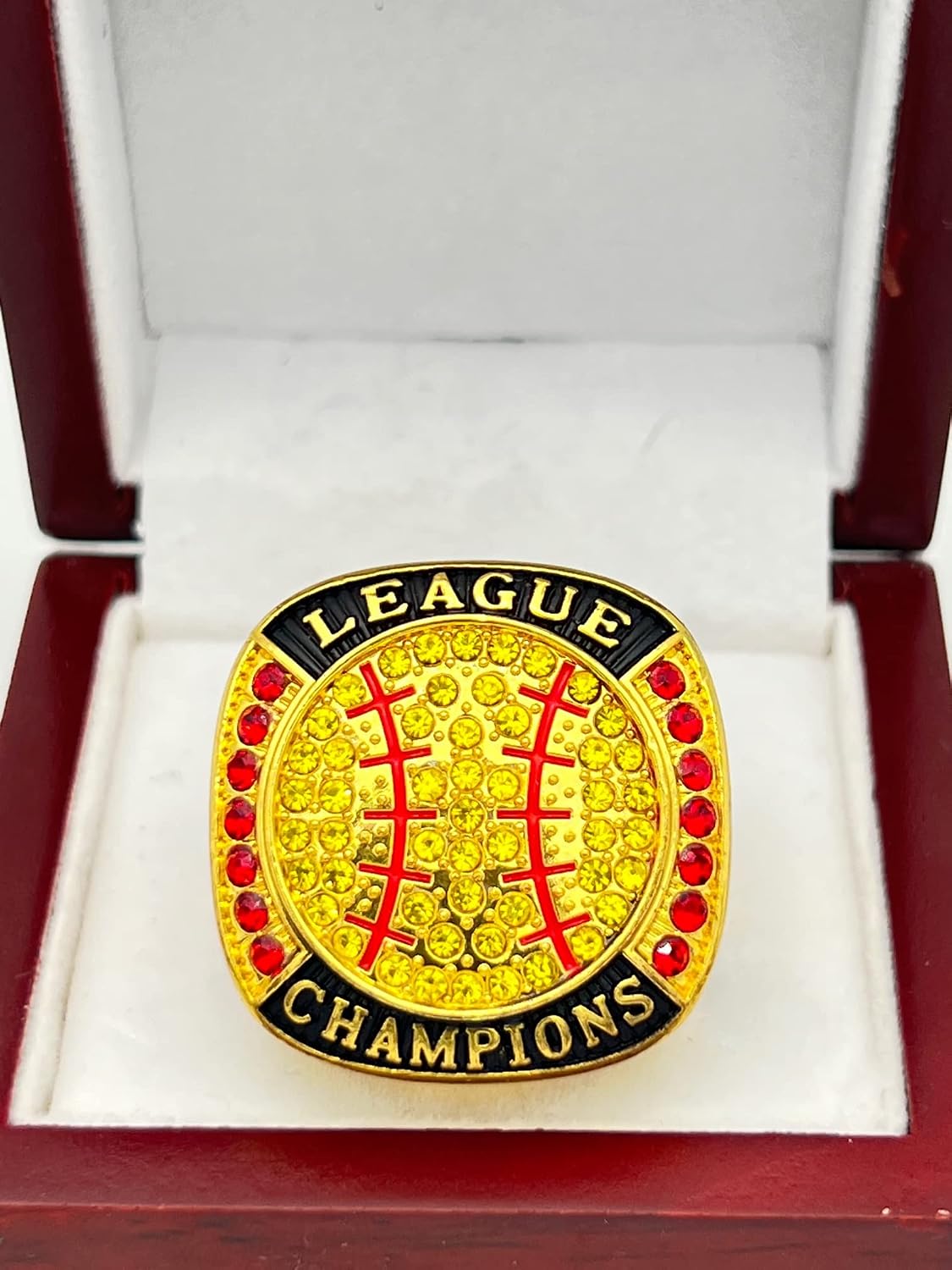 Discount Sports Rings BALL LEAGUE CHAMPIONSHIP RING — GOLD BODY, YELLOW STONES, RED LACES Item 5-30