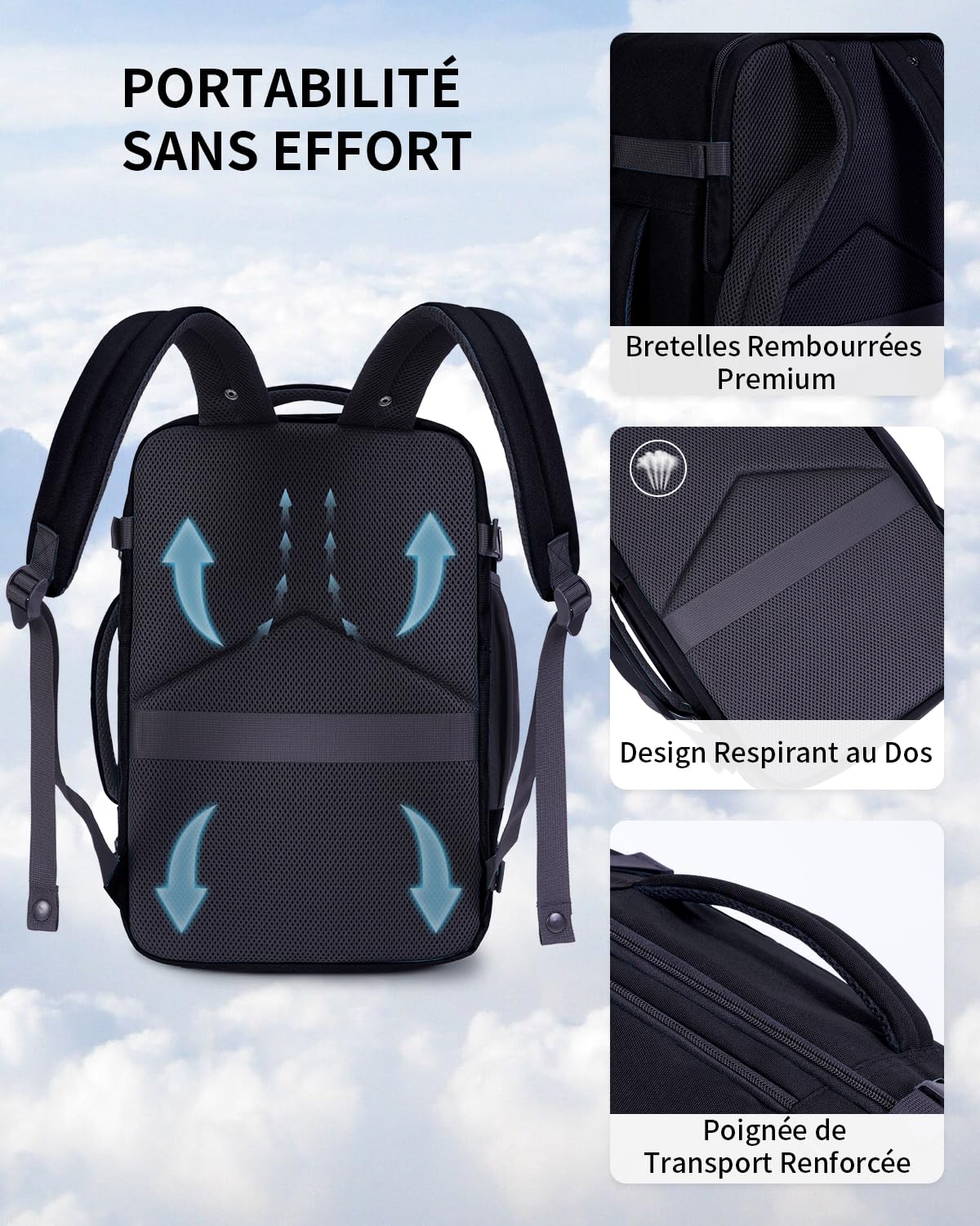 ECOHUB Bagages Cabine 40x20x25 Ryanair Sac a Dos Voyage Cabine Avion Bagage à Main Sac à Dos Ordinateur Portable 14 Pouces Homme Recyclable PET Ecologique Sous le Siège Sac Portatif 20L(Noir)