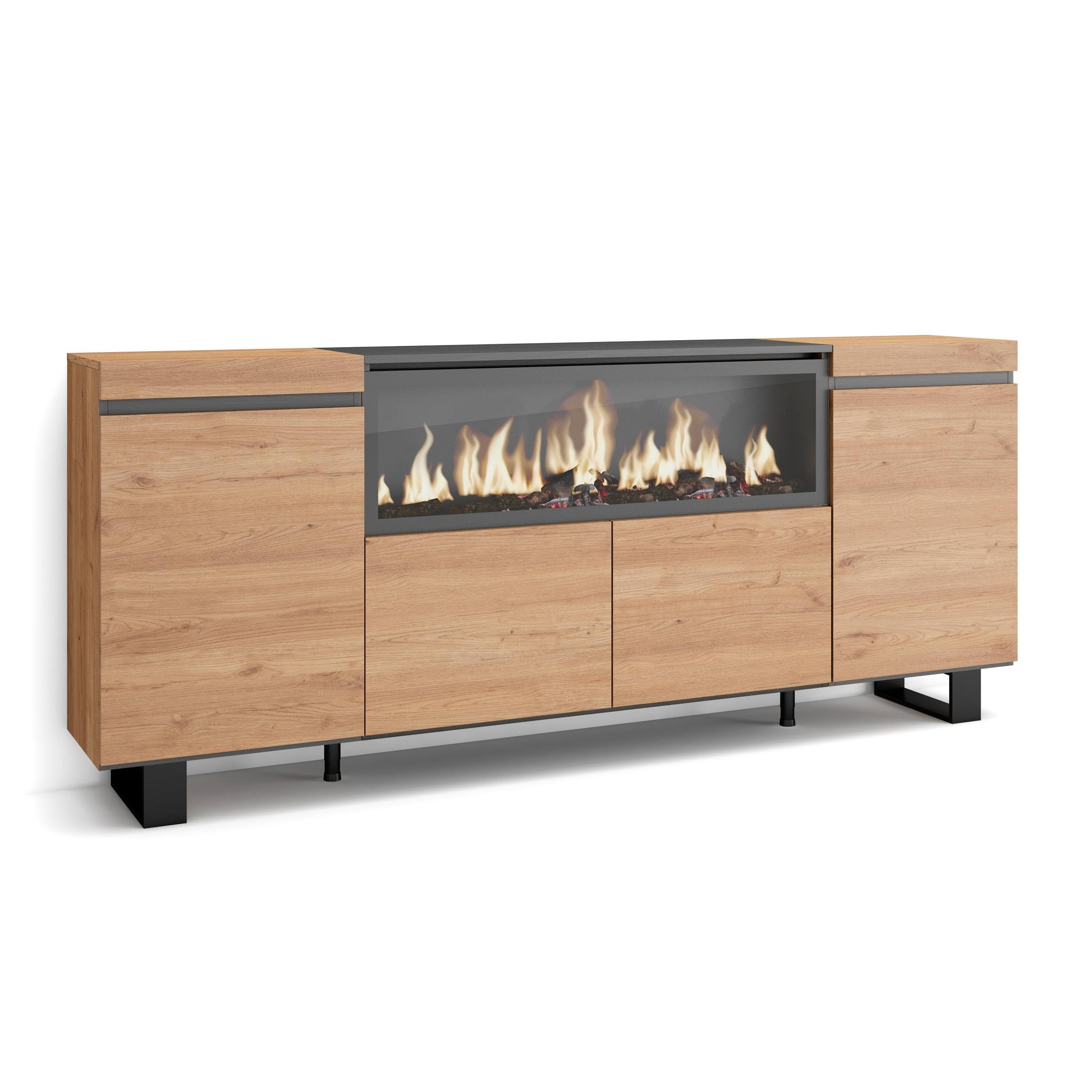 Skraut Home | Aparadores para salón | Gran Capacidad de almacenaje | 210 | 4 Puertas | Chimenea eléctrica XXL | Diseño Industrial | Estilo Moderno | Roble