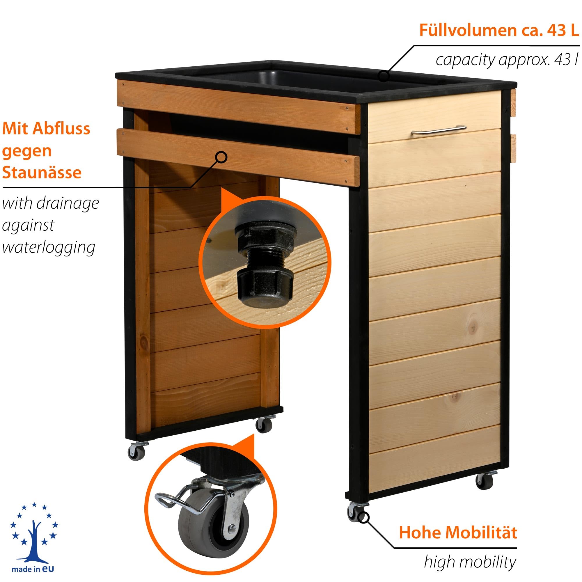 dobar® Hochbeet Wheely Gr. M für Rollstuhlfahrer - Pflanzkasten aus Holz aus Rollen mit Pflanzkübel - Kräuterbeet für Indoor und Outdoor - Balkon-Hochbeet, Natur