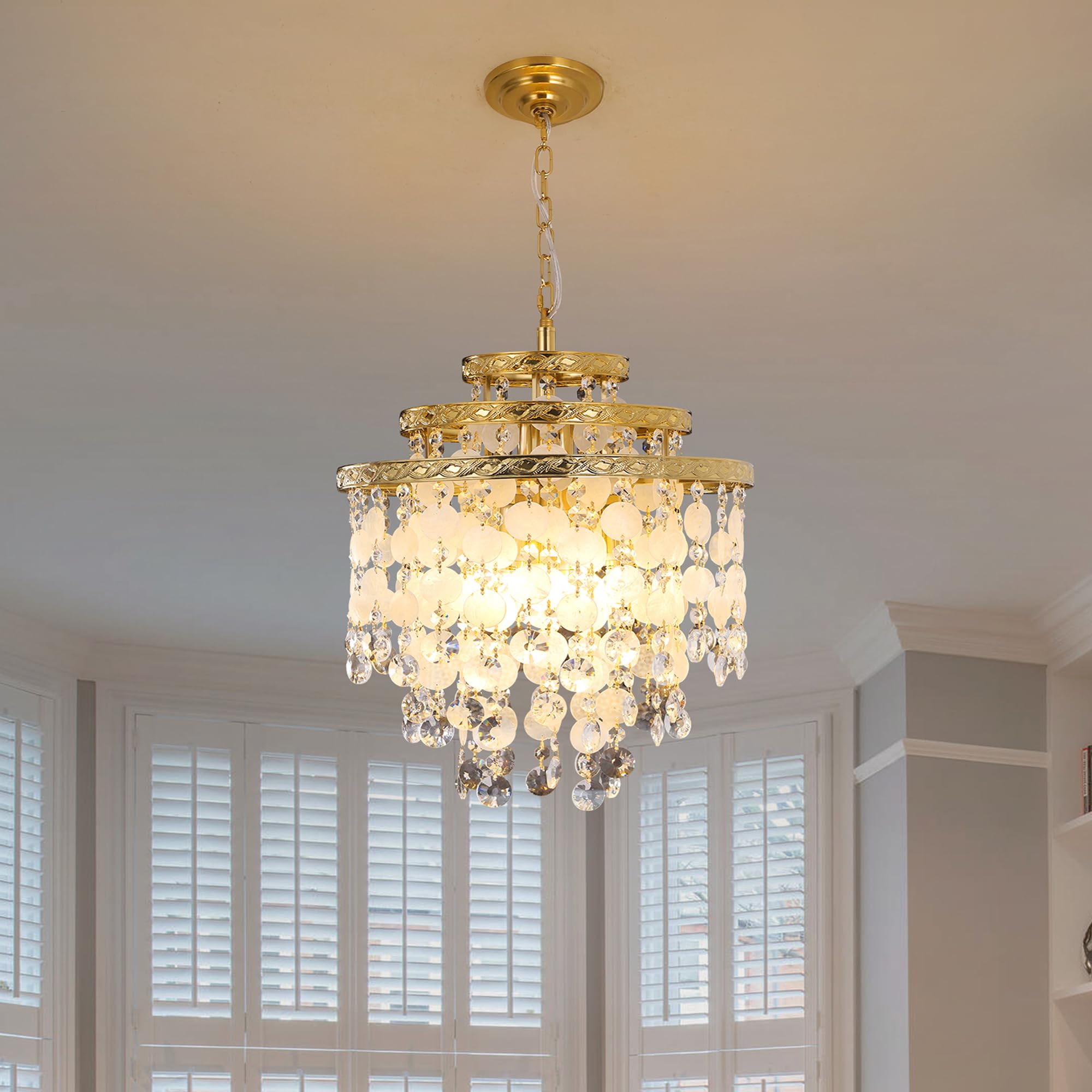 Capiz Shell Crystal Chandelier Luxury Round Gold Coastal Chandelier with Natural Shells,6-Light Crystal Boho Pendant Light Fixtures for Bedroom, Living Room, Kitchen and Foyer D16