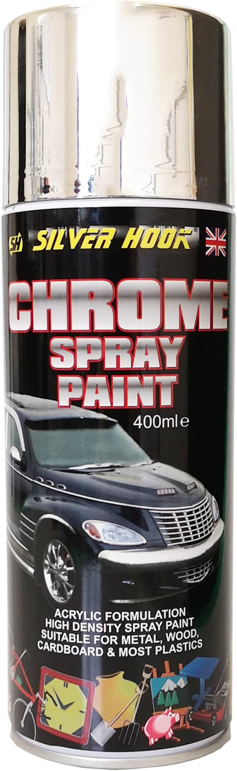 Silverhook Chrome Effect Acrylic Spray Paint 400ml Metallic Colour Touch Up Multi-purpose quick drying