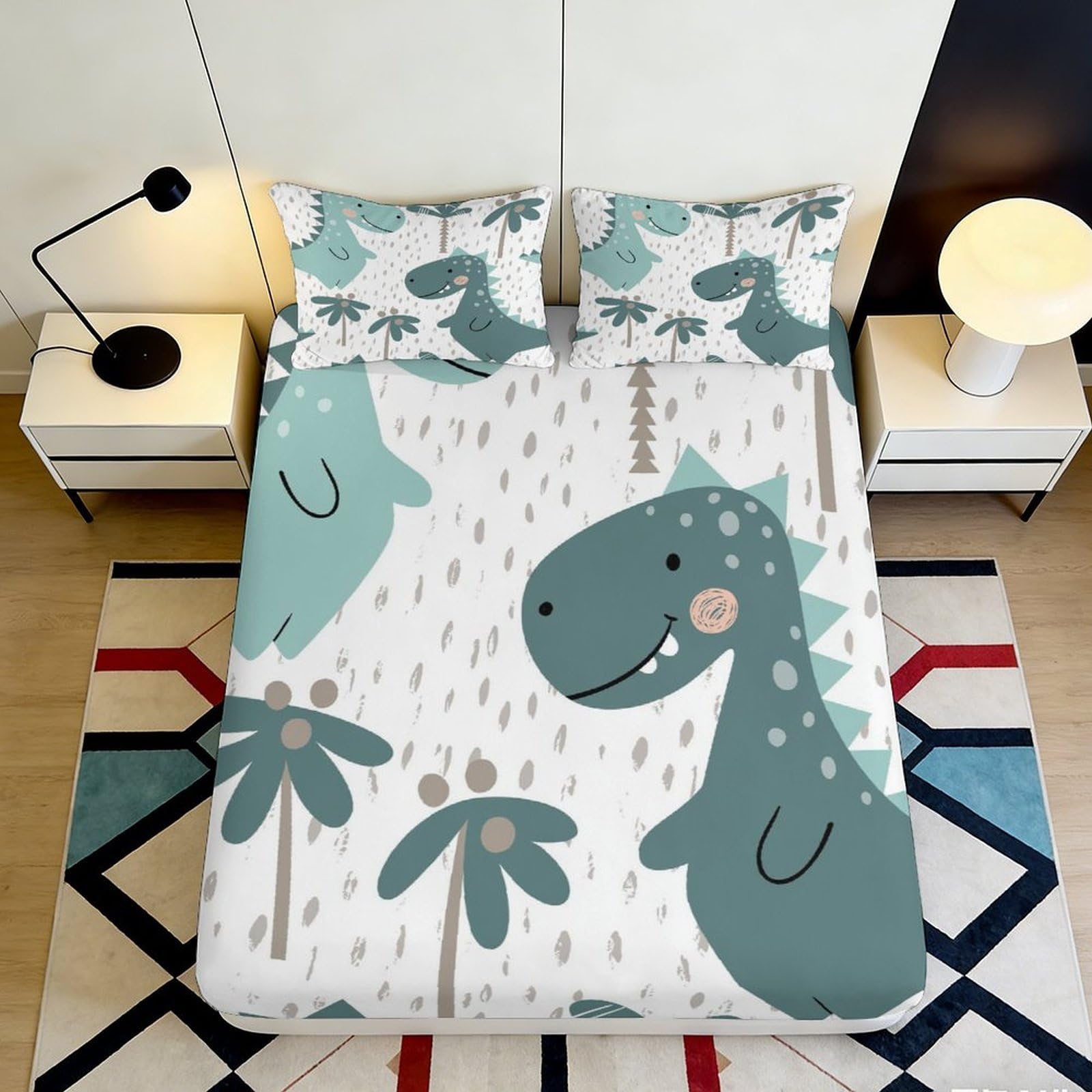3D Printed Dinosaur Forest Fitted Sheet Microfiber Soft Anti-Slip Mattress Cover for Bedroom Dorm Bed Decor 160x200x25cm