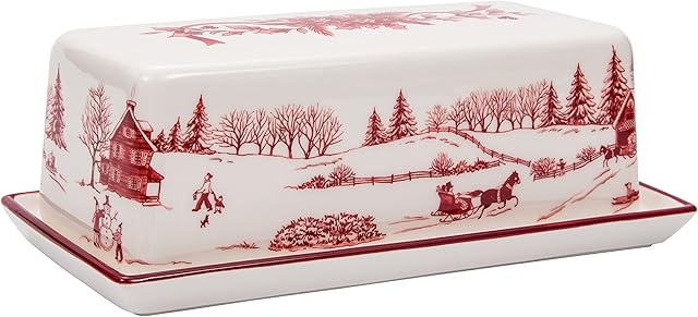 Bico Toile De Jouy Winter Wonderland Ceramic Butter Dish with Lid, Butter Keeper for Counter, Kitchen, Dishwasher Safe