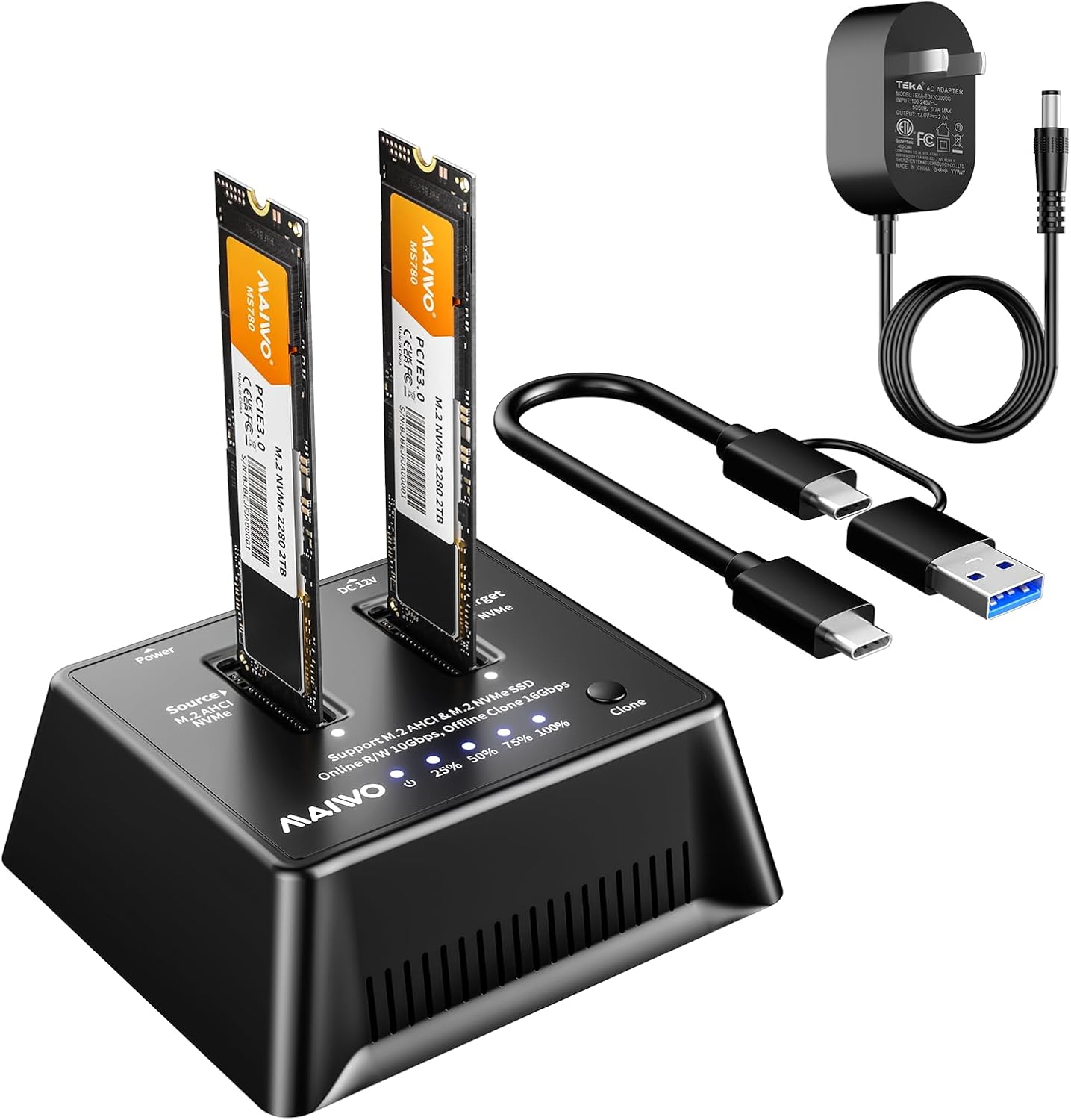 MAIWO Dual M.2 NVMe Cloner – 10Gbps USB 3.2 Gen 2 External SSD Docking Station, Standalone Offline Duplicator Tool-Free for M-Key SSDs (2230/2242/2260/2280/22110)