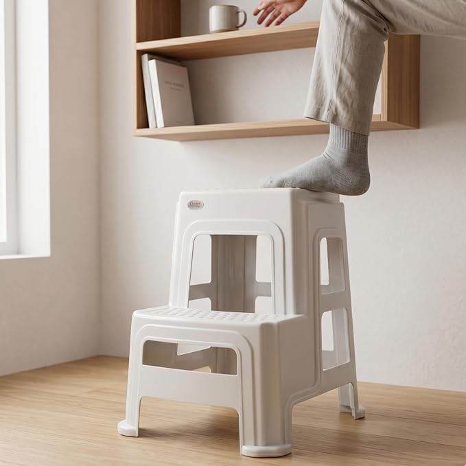 Oaknest Supreme Multipurpose Plastic 2-Step Stool for Kids & Adults – Anti-Slip Lightweight Stepping Stool for Kitchen, Bathroom & Home – White, 1 Piece