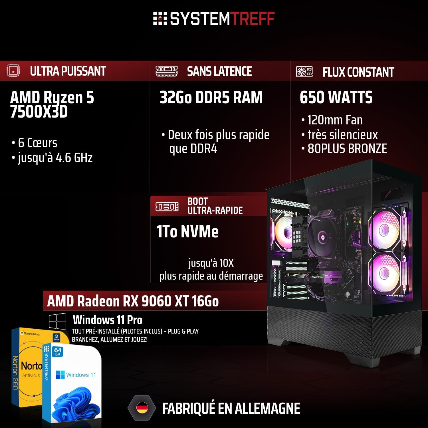 SYSTEMTREFF Gaming PC - AMD Ryzen 5 7500X3D - RX 9060 XT 16GB | AMD 6-Kern CPU bis 4.6 GHz, 32GB DDR5, 1TB M.2 NVMe SSD, AMD Grafik WLAN, Windows 11, für Gaming, Streaming