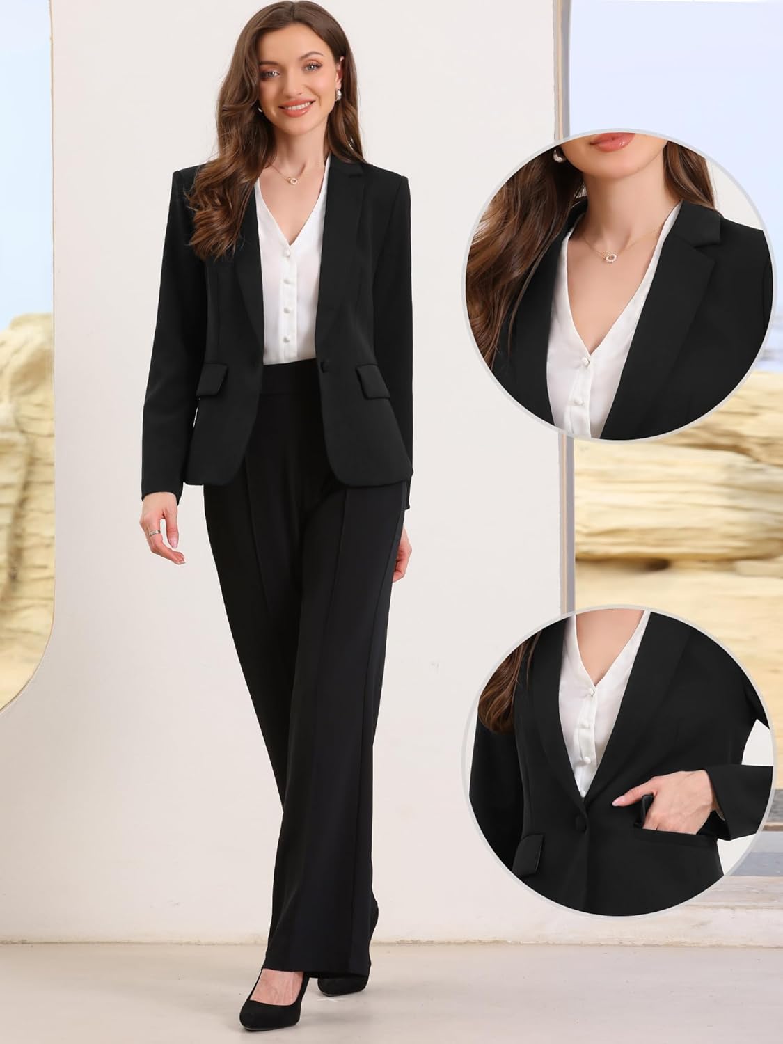 Allegra K Blazers for Women Business Casual Long Sleeve One Button Pockets Suit Jackets Work Office Blazer with Shoulder Pads - Image 2