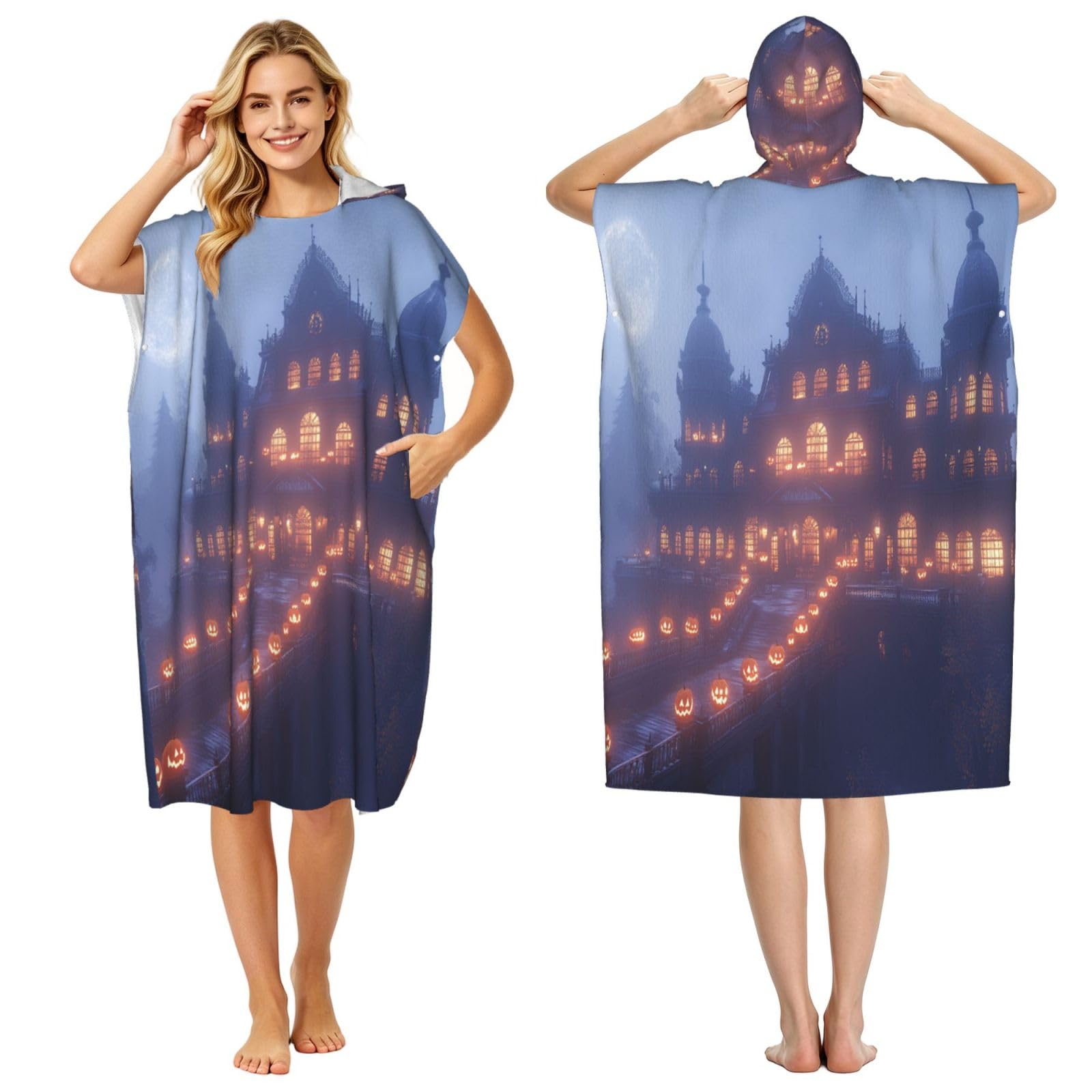 KLGRTJHK Halloween Castle Adult Hooded Beach Poncho Towel 43"X35"