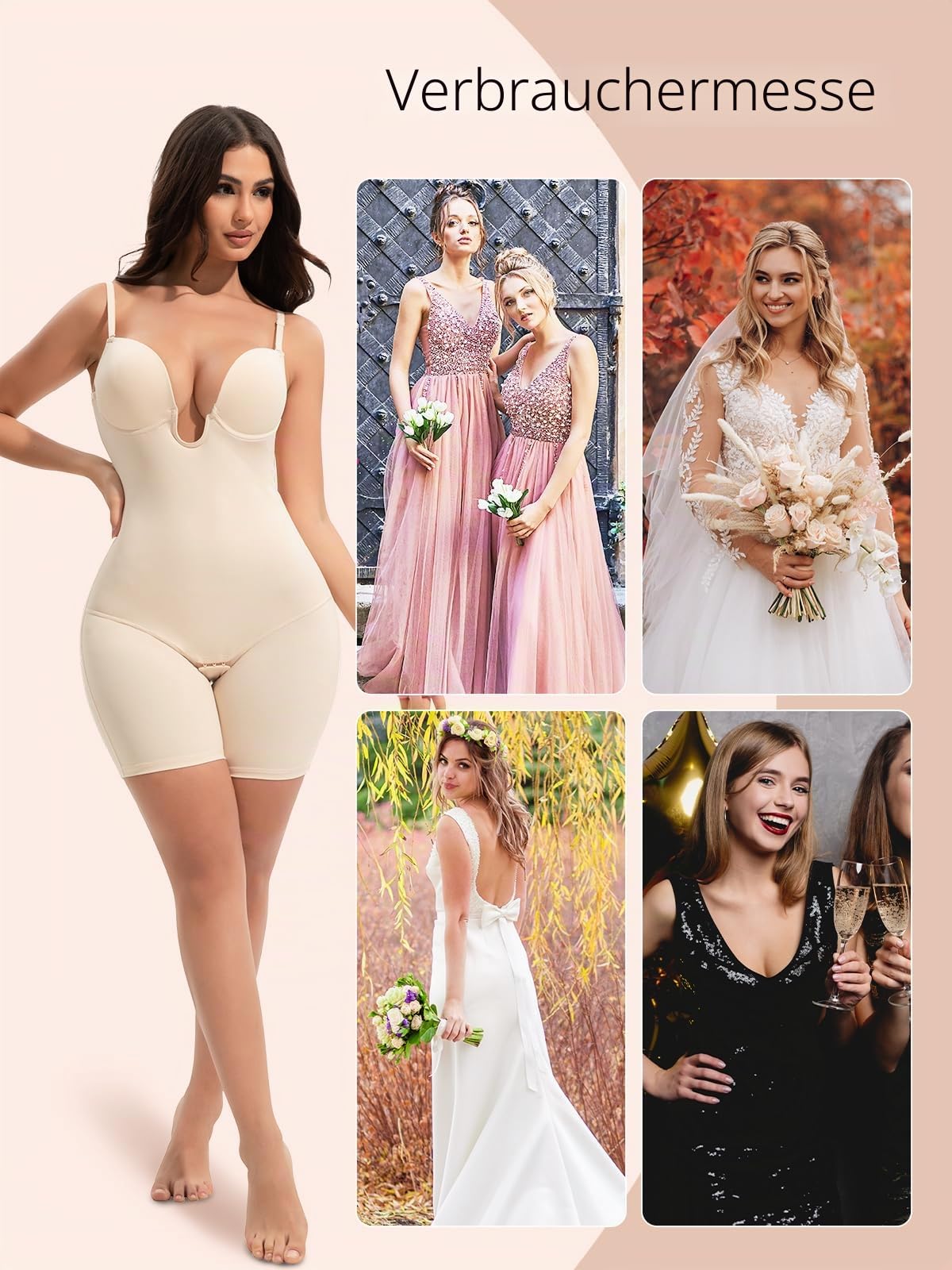 Slimers Rückenfreie Damen-Formwäsche zur Bauchkontrolle: Shapewear-Body mit tiefem Rücken, schlankmachender eingebauter BH, Ganzkörperformer