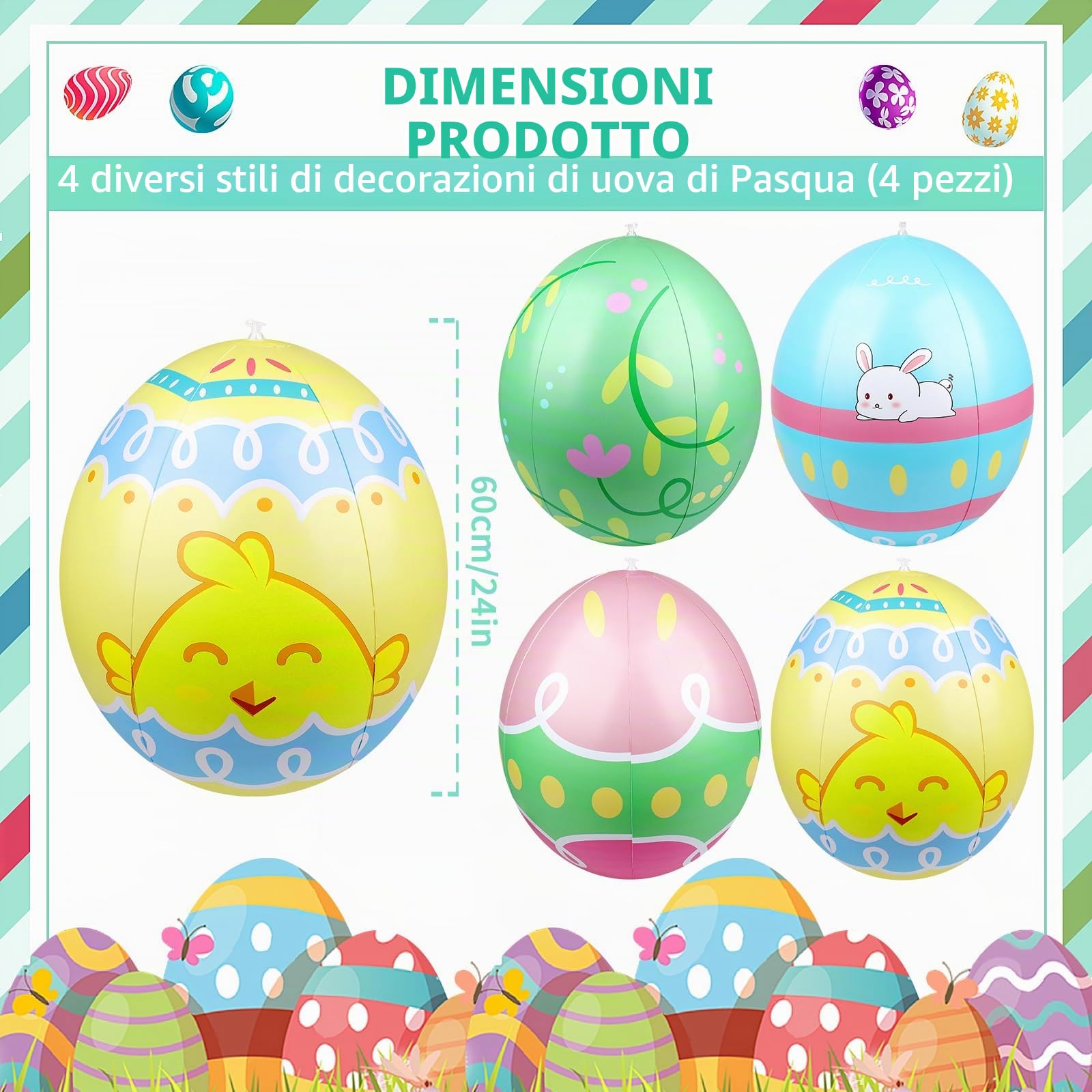 4 pezzi 60 CM Uova di Pasqua Gonfiabili All'aperto Uova di Pasqua gonfiabili in PVC Uovo di Pasqua gonfiabile per la caccia all'uovo, il giardino e le decorazioni all'aperto (4 Pezzi)