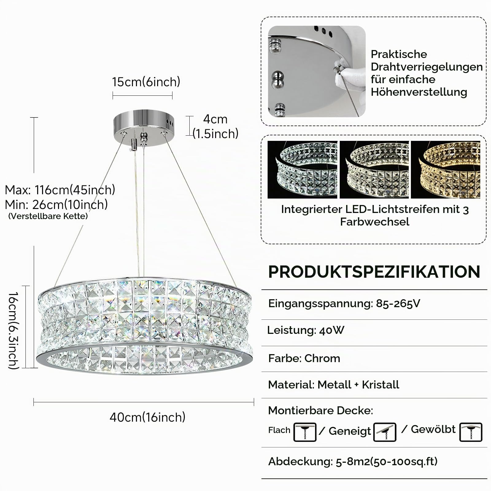 Luxus Kristall Kronleuchter Modern Pendelleuchte Chrom, Klein Hängeleuchte Kristall Lampe, für Wohnzimmer, Esszimmer, Schlafzimmer, Restaurant, Φ40cm