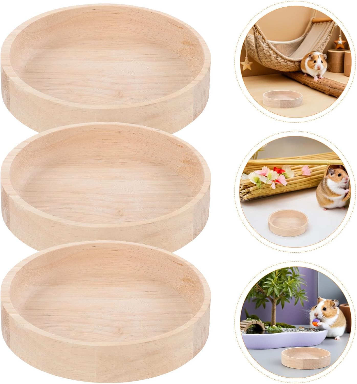 3pcs Solid Wood Small Animal Bowl for Hamster and Feeding | Food Design Easy Large Khaki Finish Chewable Capacity Feeding Use for Cages , Pet Rabbit