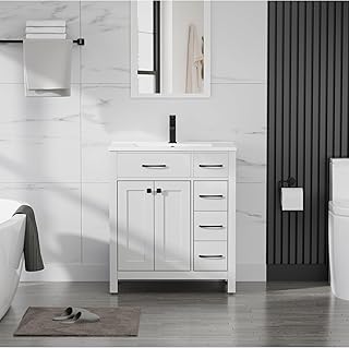 LUCKWIND 30" Modern Bathroom Vanity with Sink, Painted Storage Cabinet with Undermounted Sink, Two Doors and Three Drawers, Include Faucet Without Mirror, White