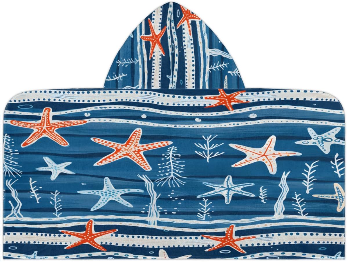 Kids Bath Towel Ocean Coral Starfish Beach Towel with Hood Pool Cover Up for Girls Boys Soft Absorbent Hooded Bath Towel Toddler Towels for Beach, Pool