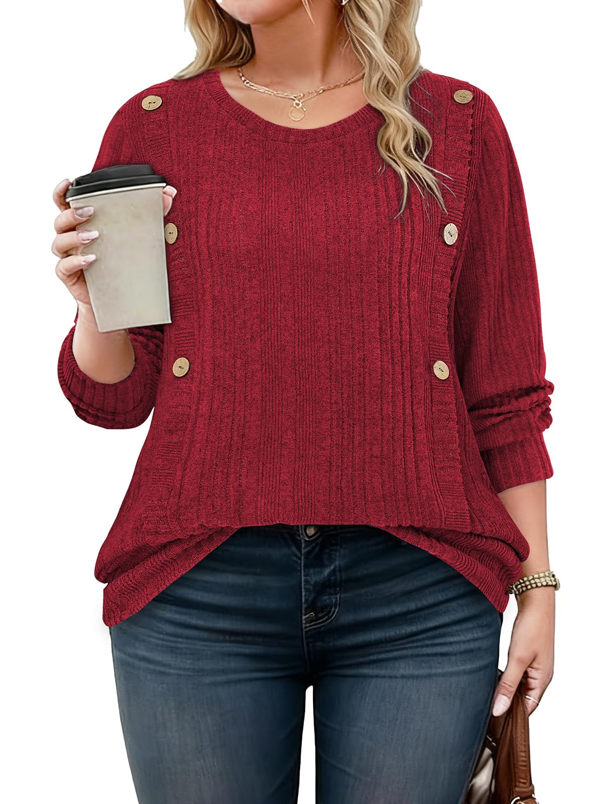 Siddhe Sweaters for Women Plus Size Long Sleeve Crewneck Tops Fall Winter Pullover Dressy Casual Shirts Button Clothes