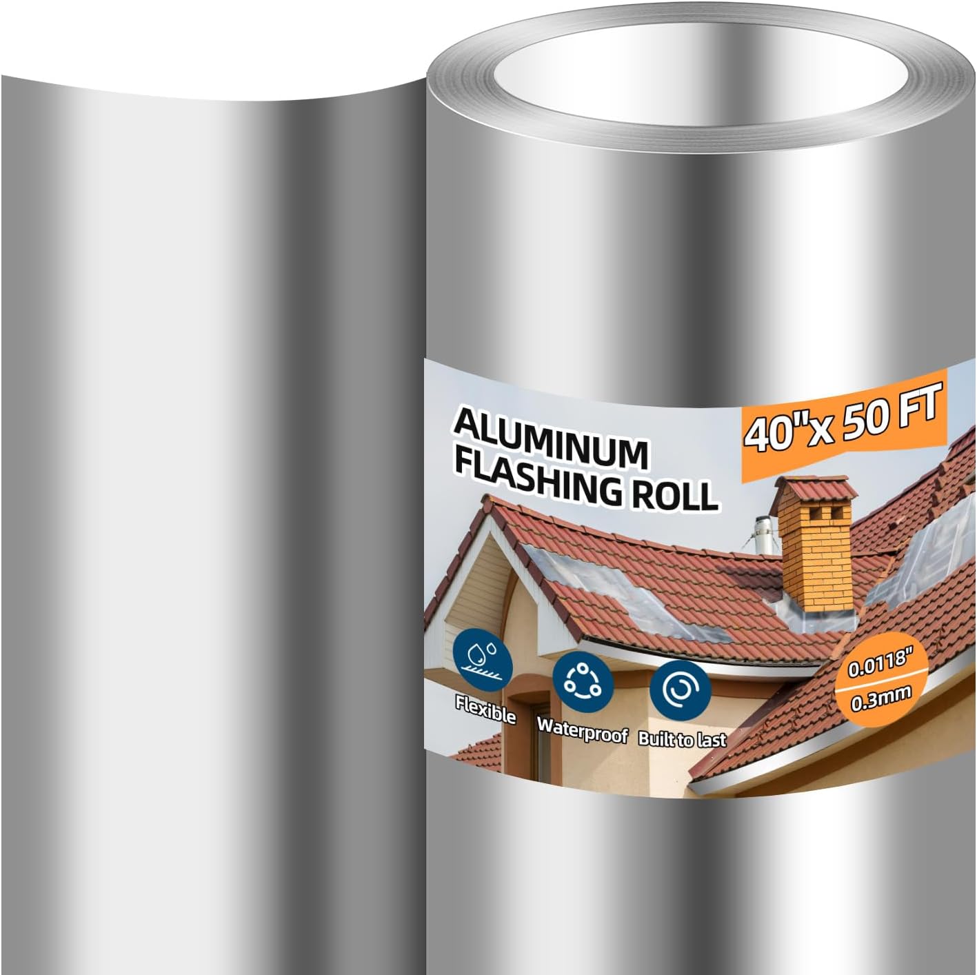 Aluminum Roll Flashing, 40” x 50′ Metal Roofing Roll for Roof and Garden, Prevents Roofing Stains, 0.019-inch/0.3 mm Thickness (26GA) Roof Strip for Moss and Mildew Prevention
